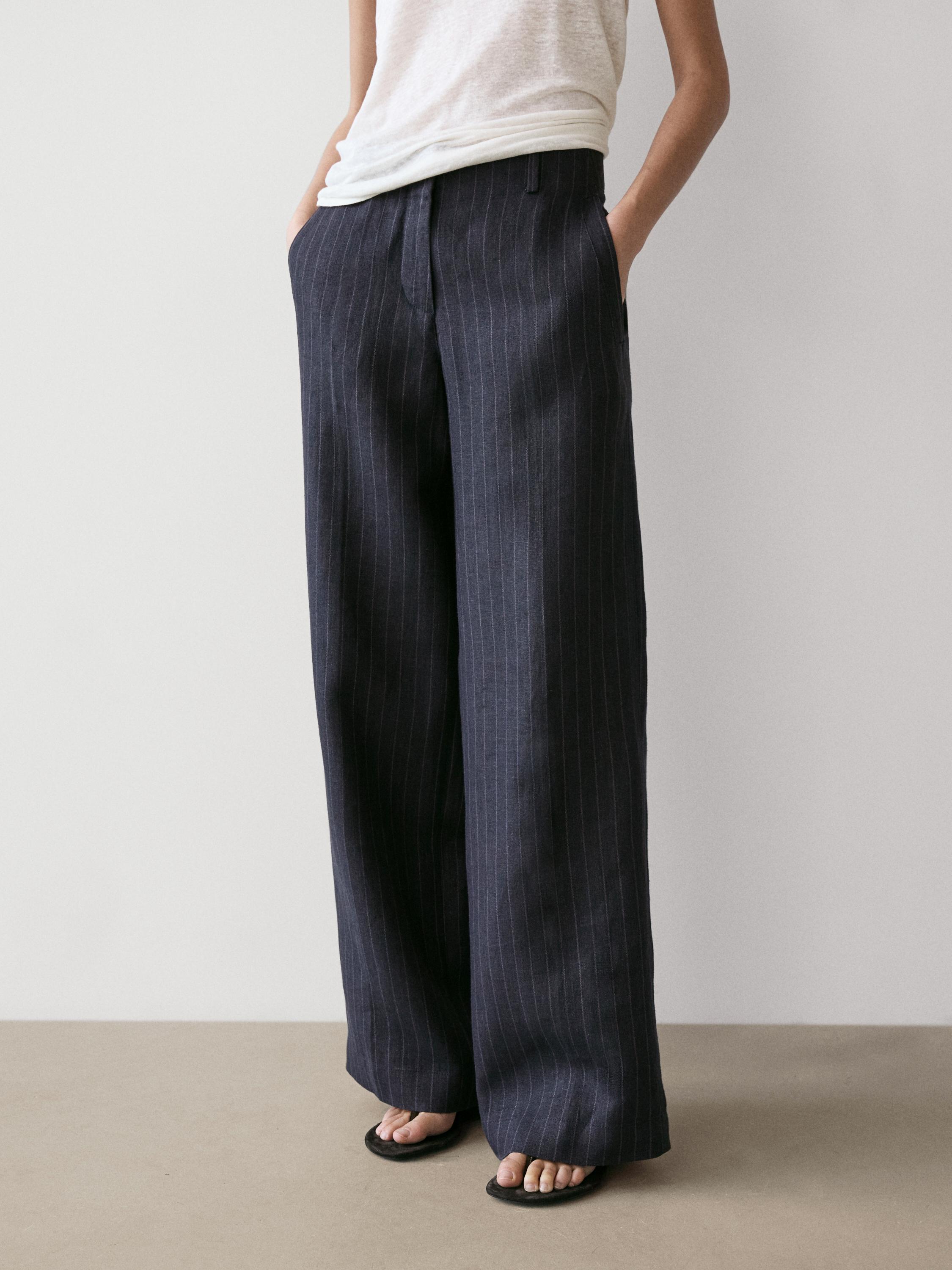 מכנסי Wide leg עם פסי סיכה פשתן