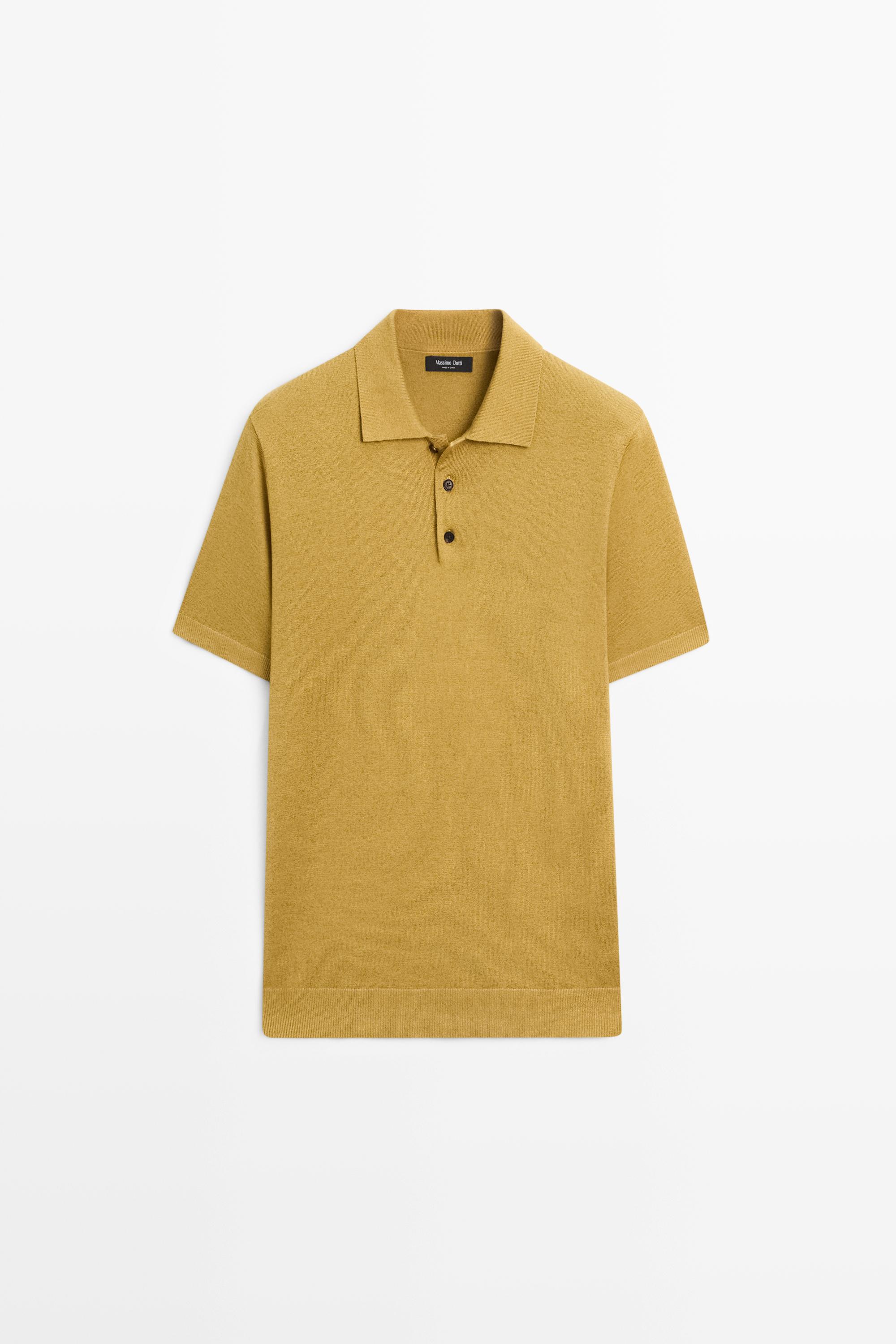 Short sleeve cotton and linen knit polo shirt
