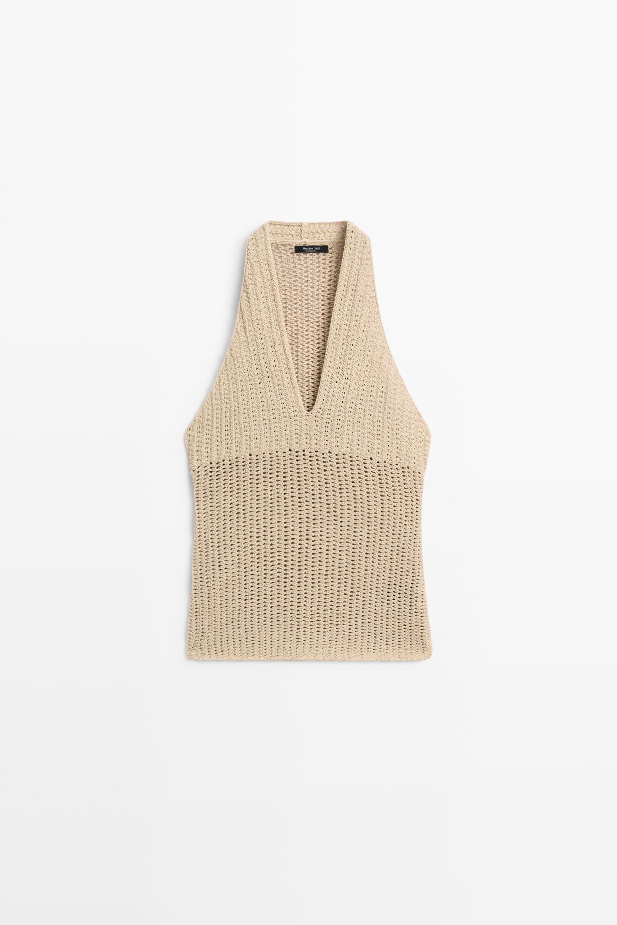 Cotton crochet knit top — BEIGE