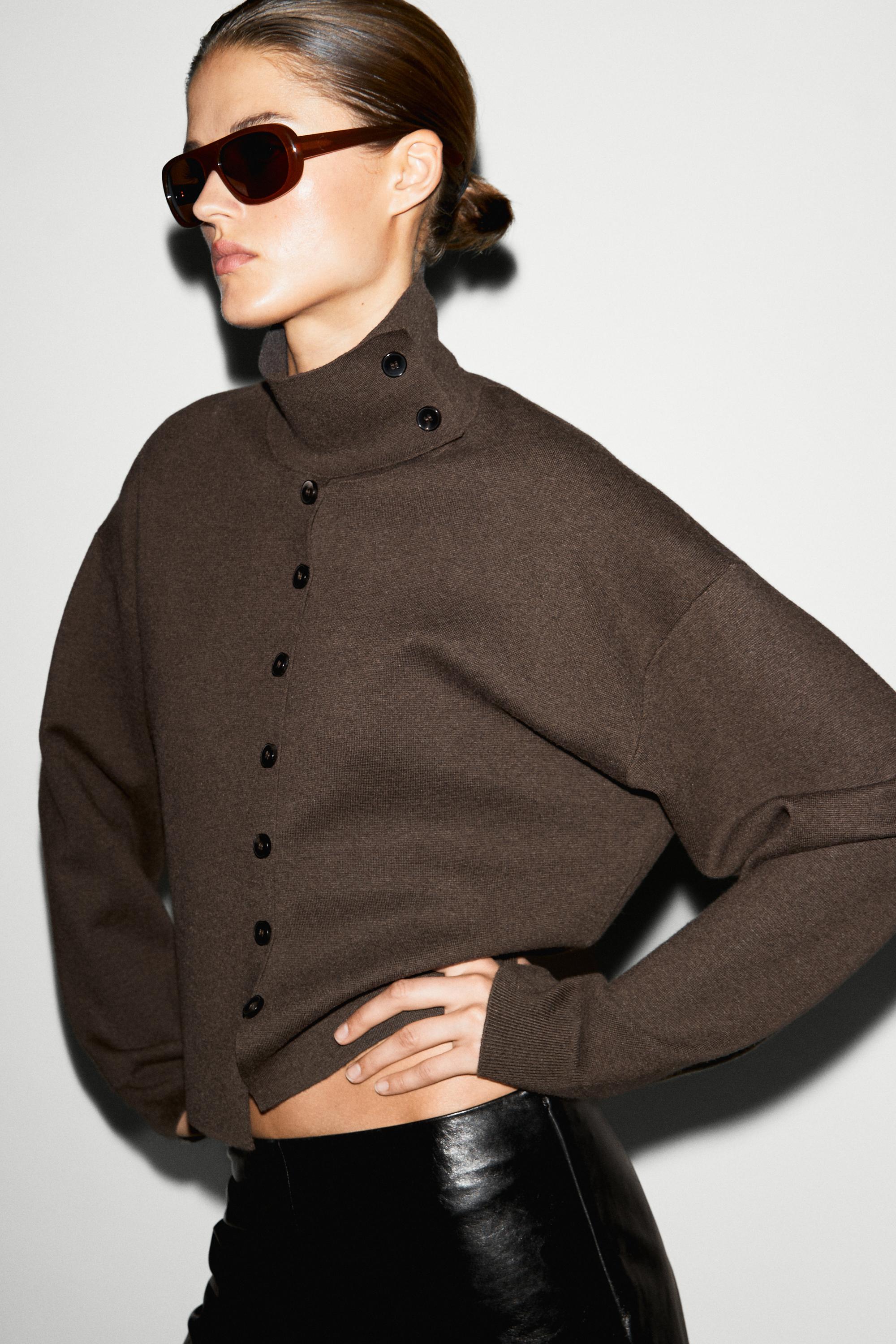 Knit cardigan with collar detail — CHOCOLATE BROWN