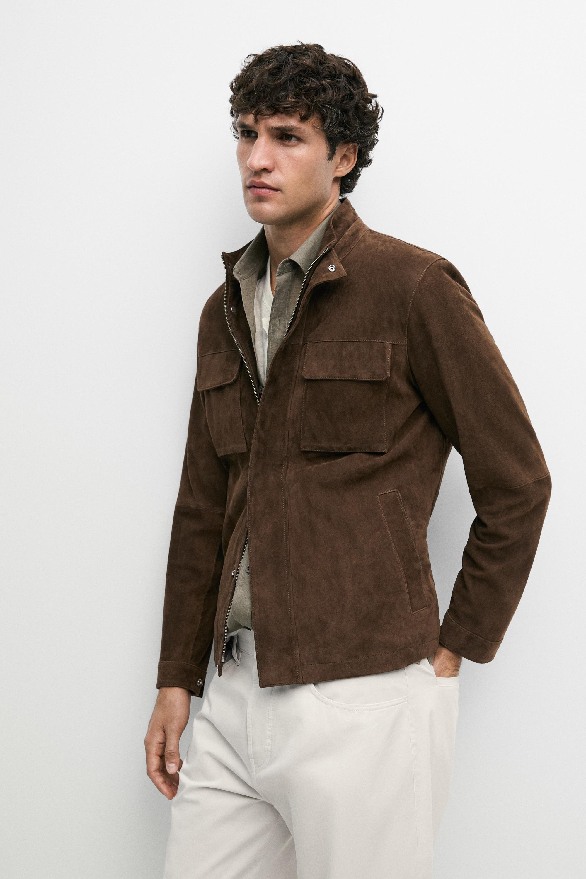 Suede jacket with pocket details — BROWN