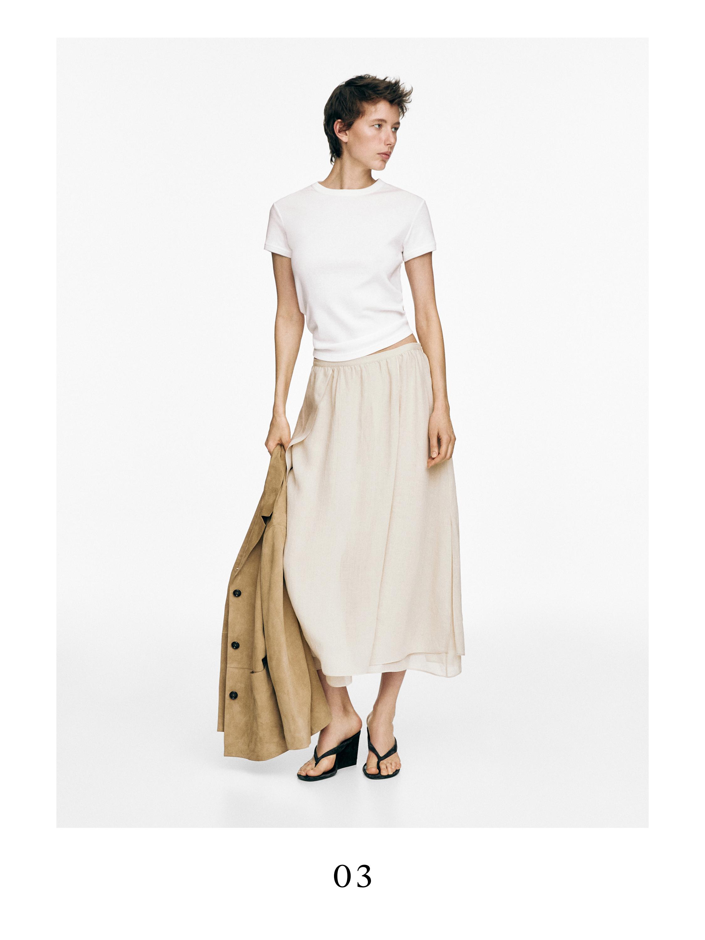 Flowing ramie blend midi skirt — CREAM