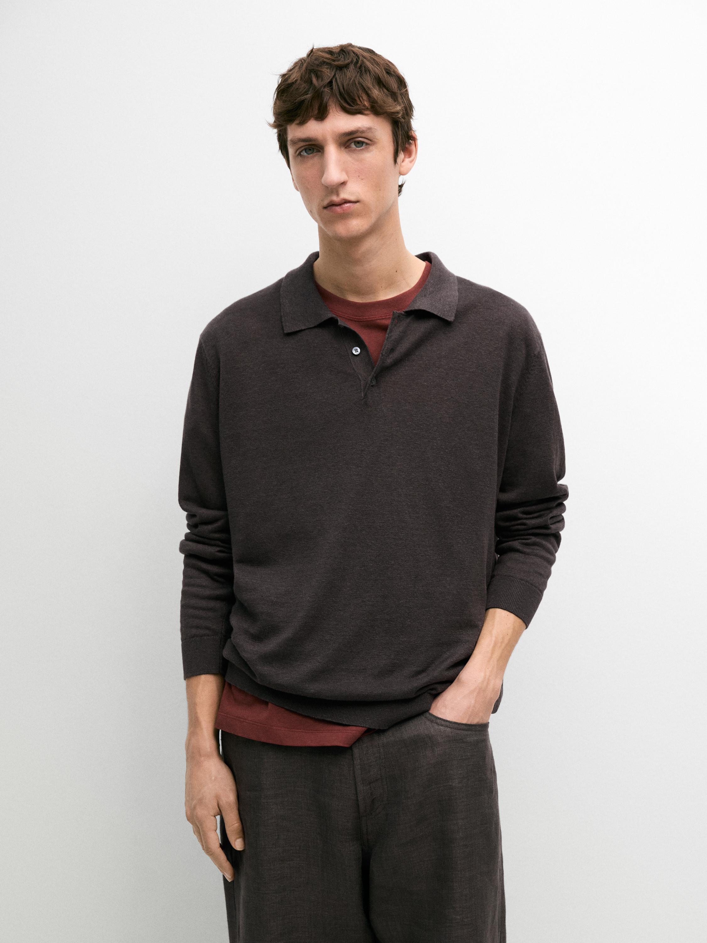 Strickpullover aus 100 % Leinen mit Polo-Kragen