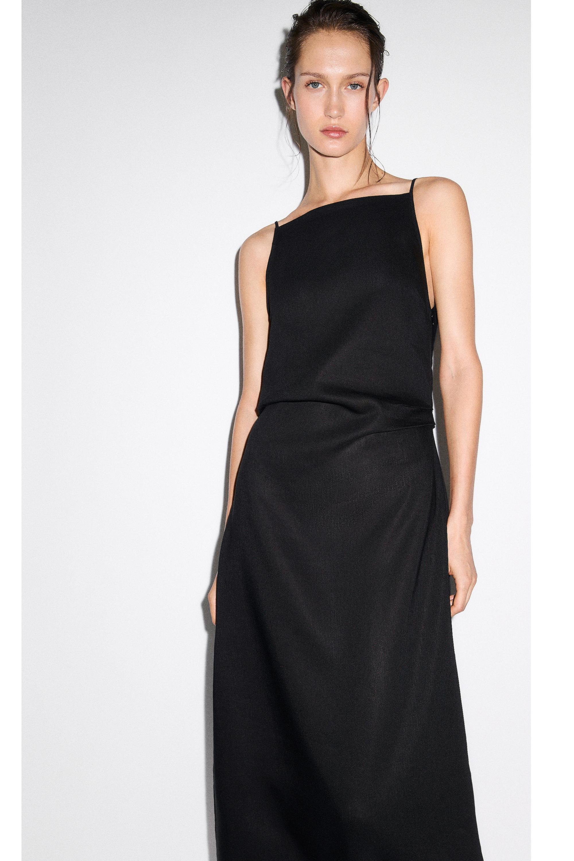 Linen blend spaghetti strap midi dress — BLACK