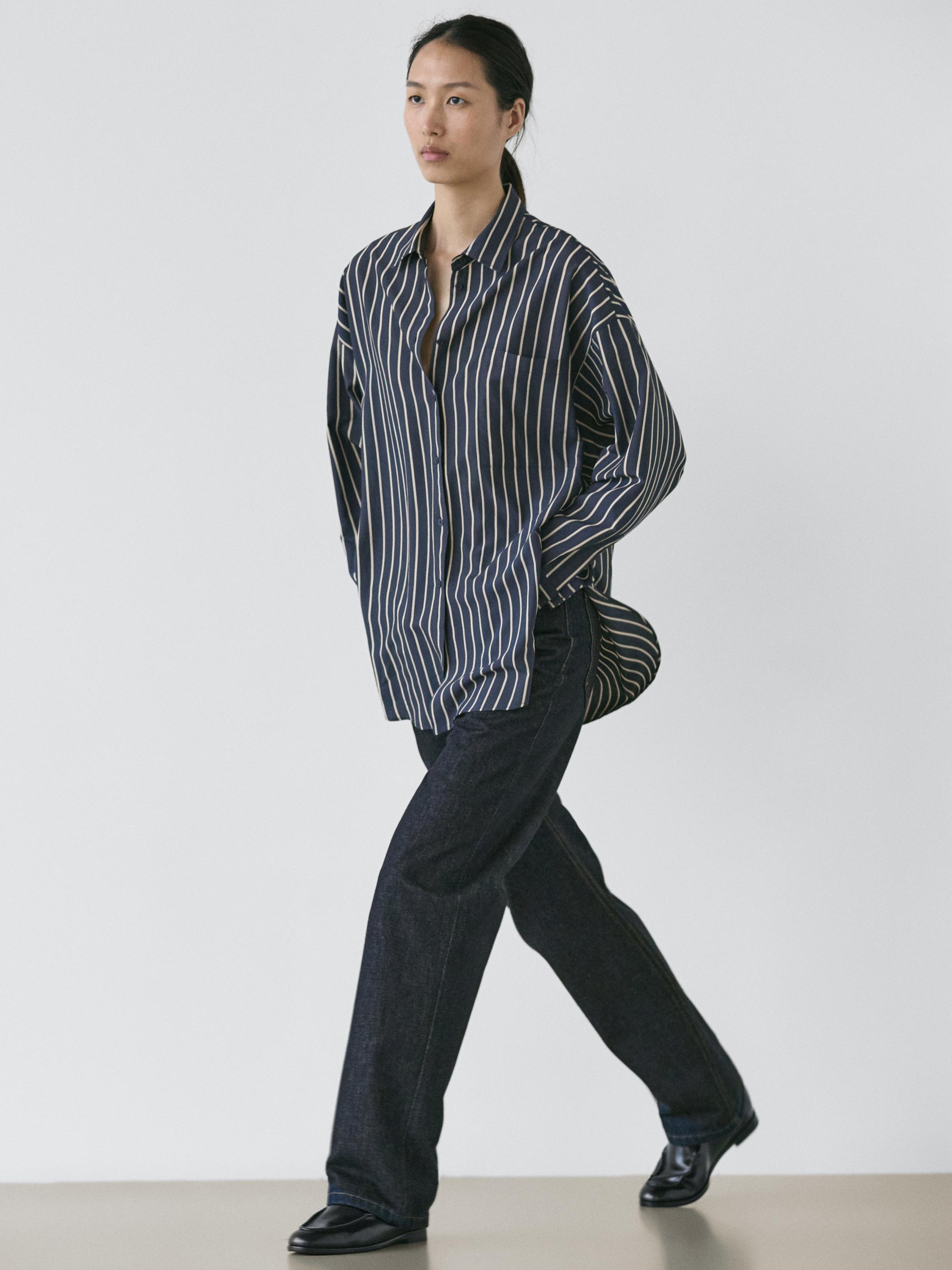 Striped flowing shirt with pocket detail — NAVY BLUE