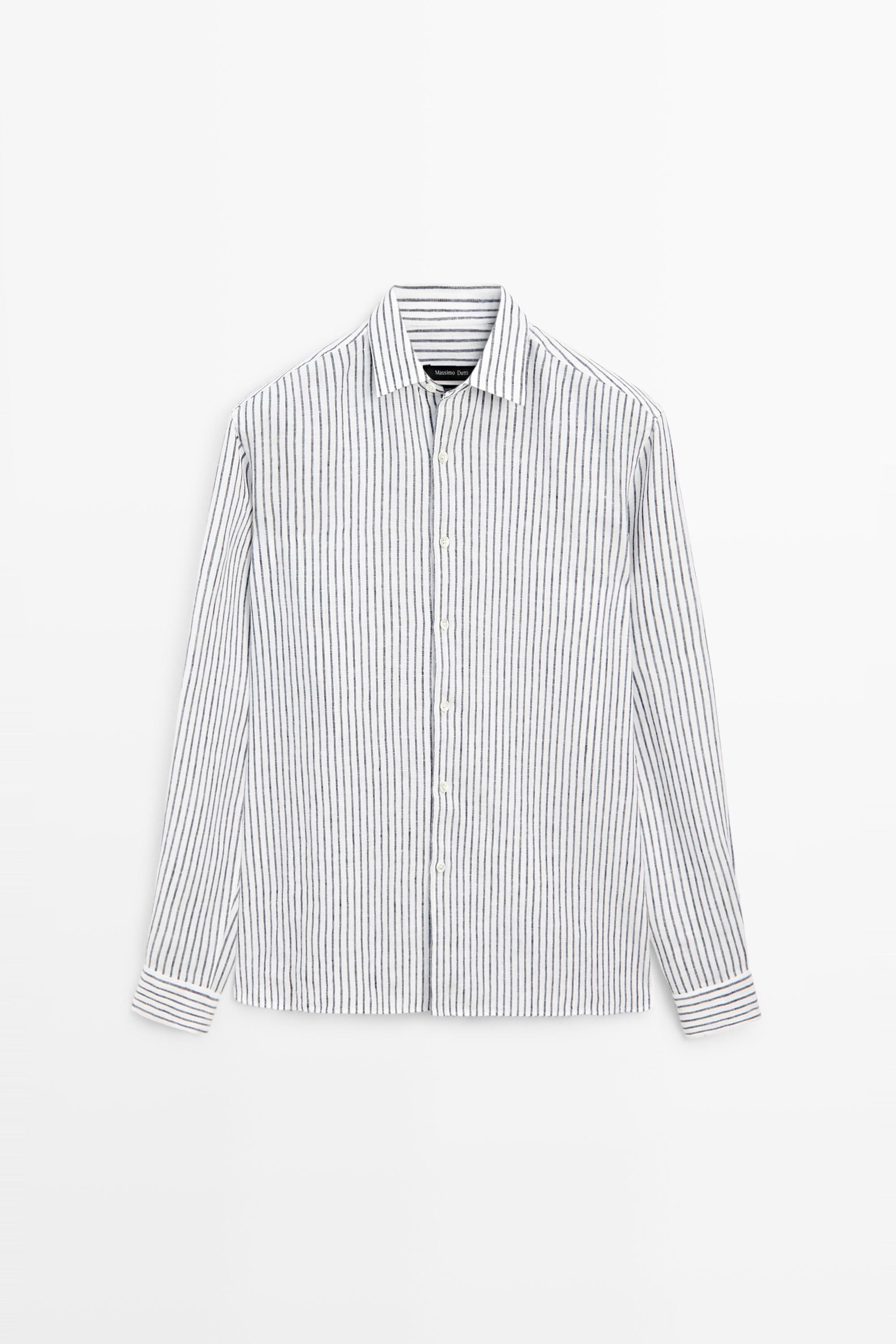 Regular fit 100% linen striped shirt — NAVY BLUE