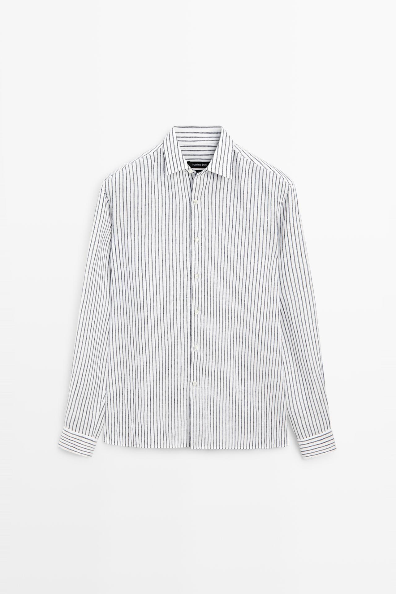 Regular fit 100% linen striped shirt — NAVY BLUE