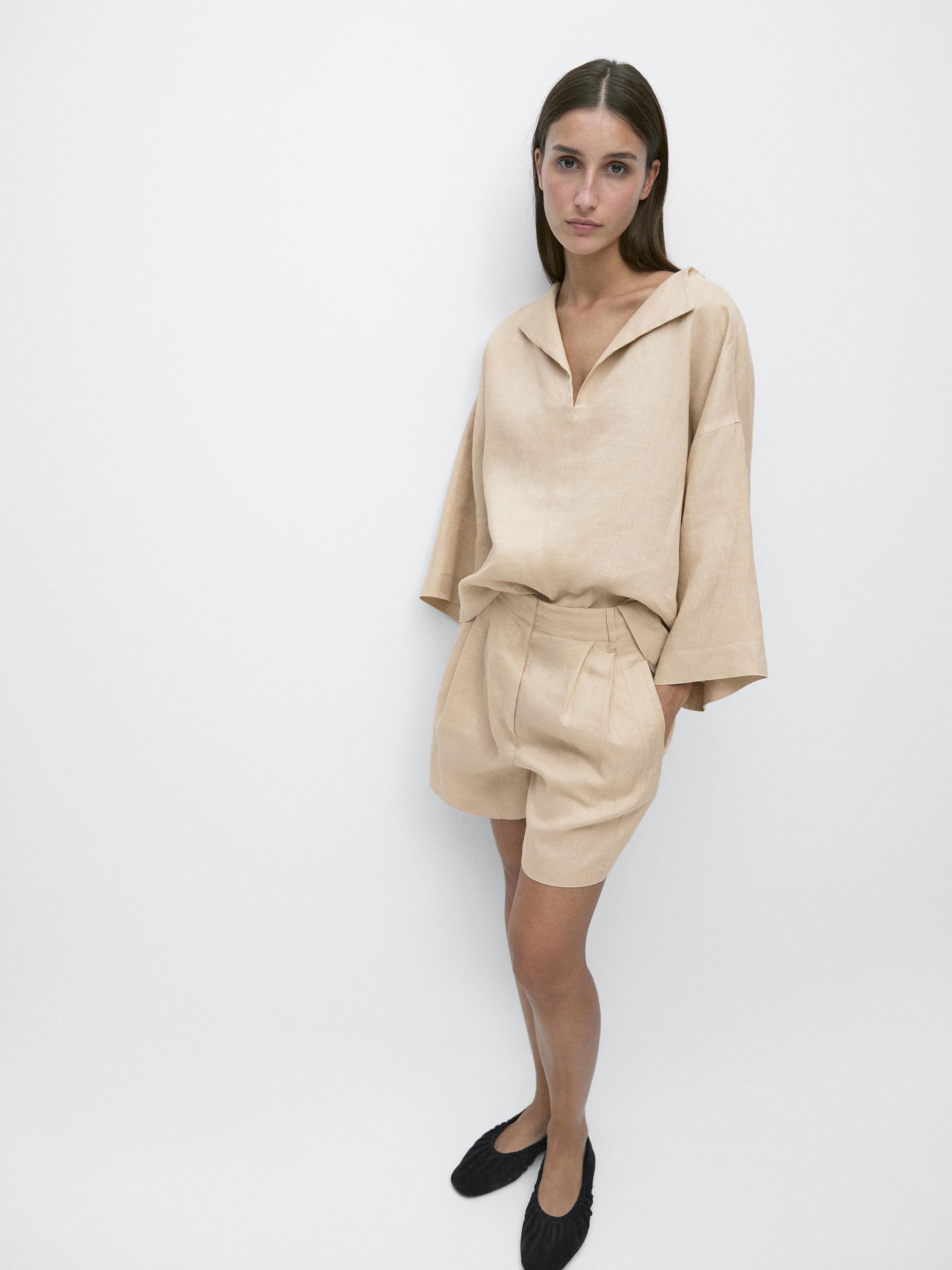 100% linen long Bermuda shorts with darts — SAND