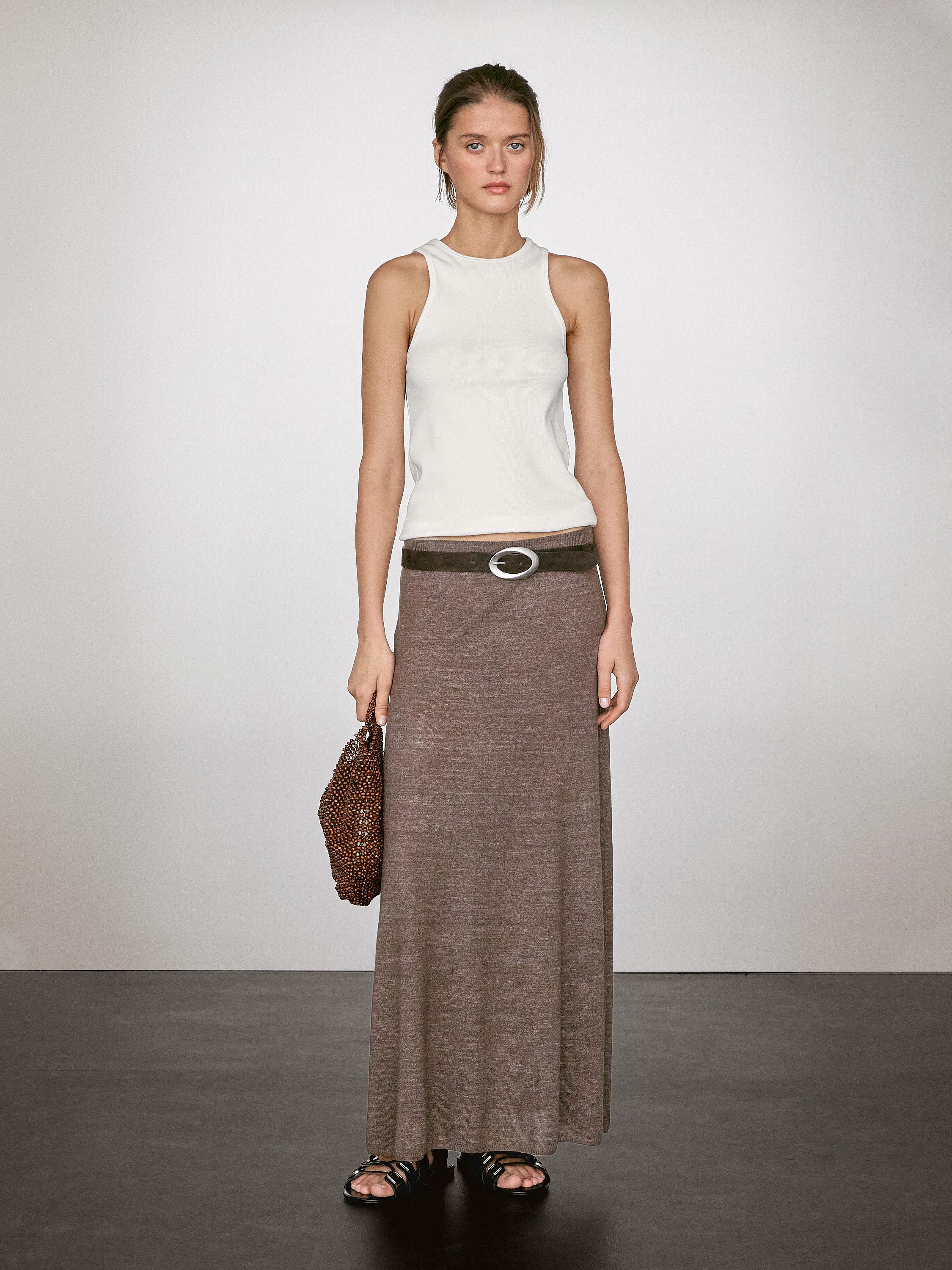 Long linen blend knit skirt