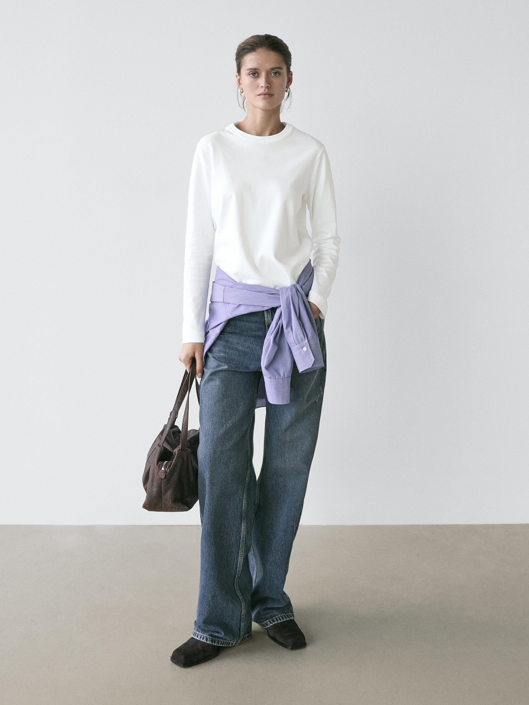 100% cotton interlock long sleeve T-shirt — Off white