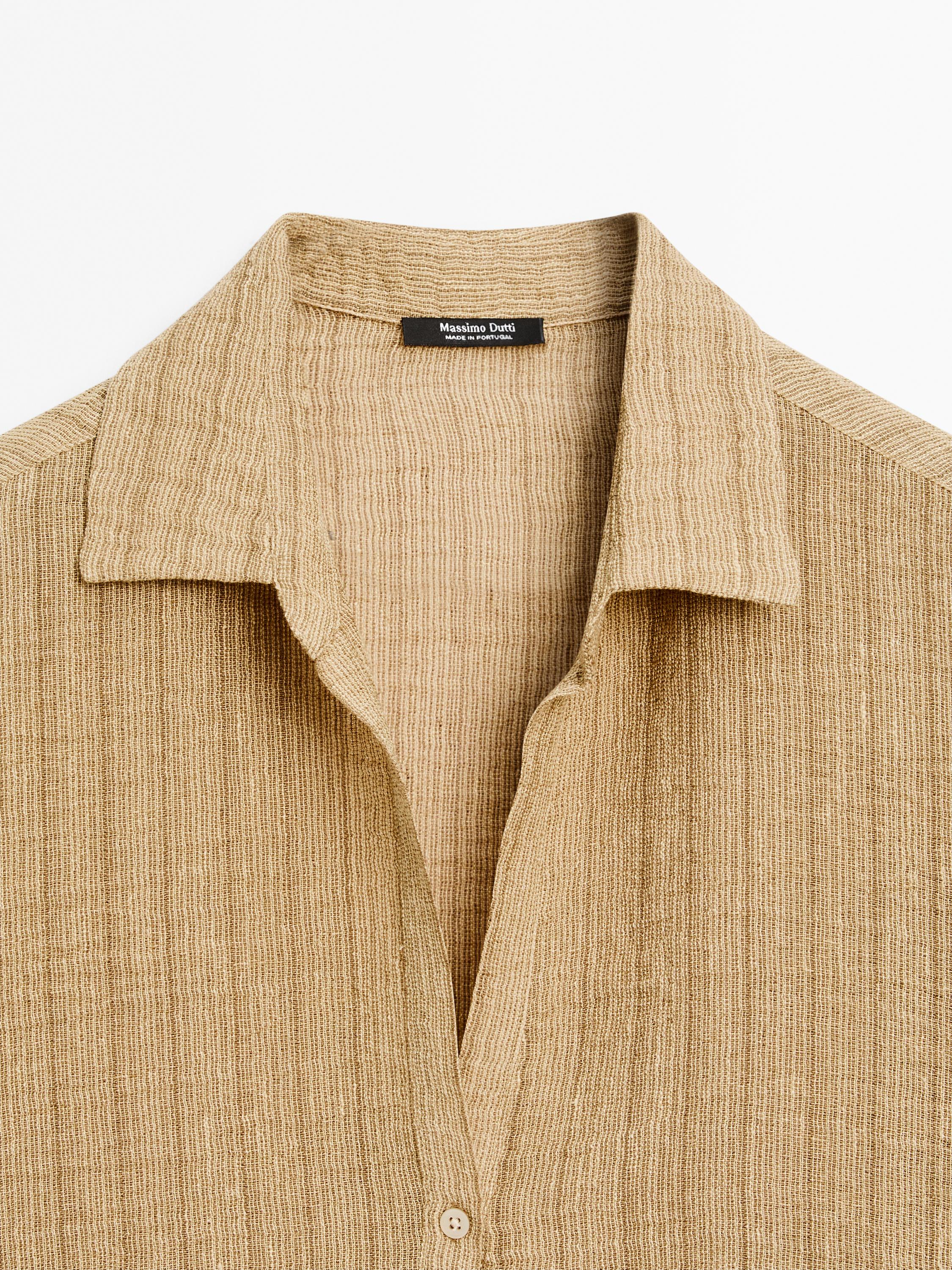 Linen blend open polo collar blouse