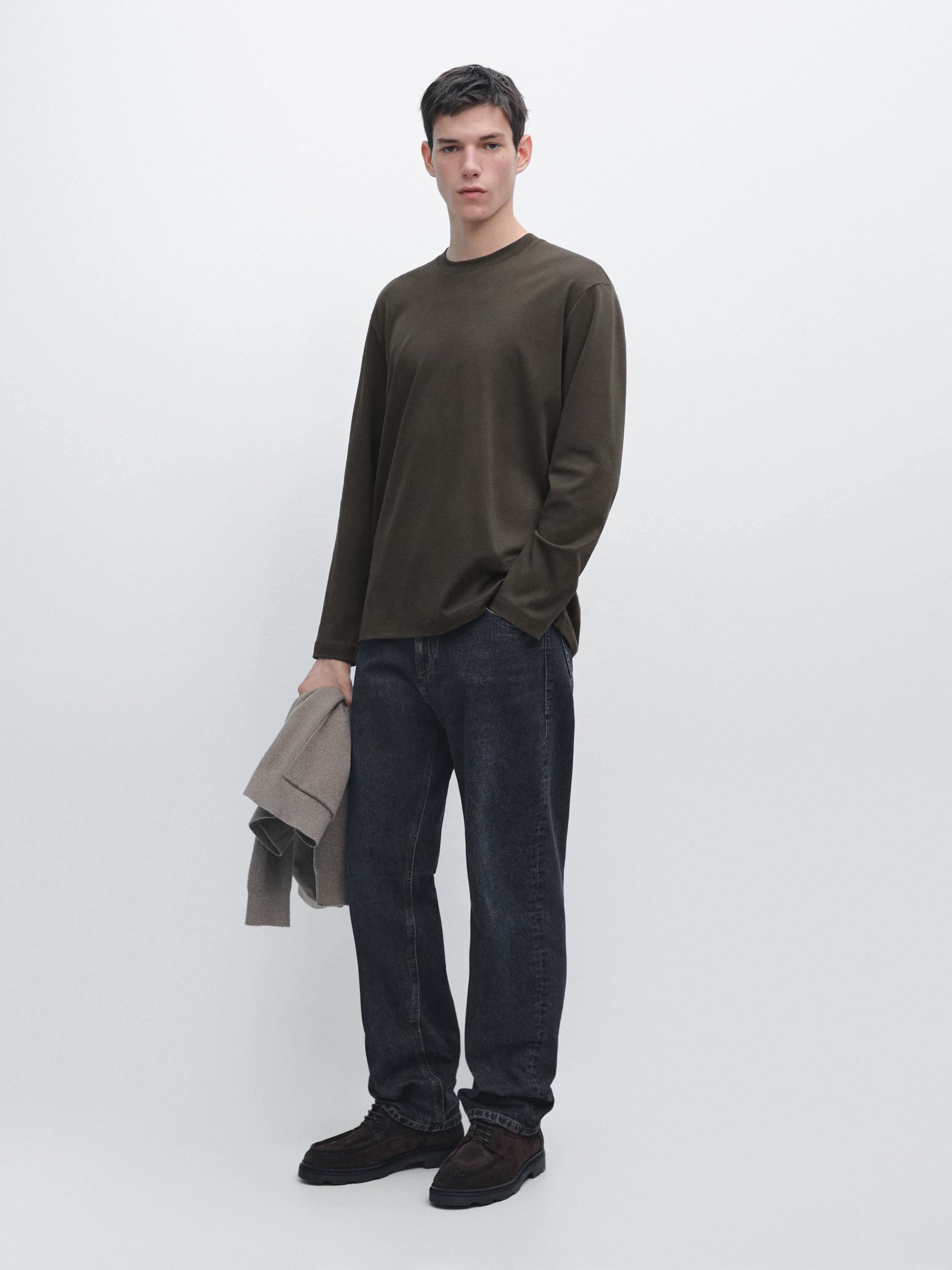 Long sleeve medium weight cotton T-shirt — KHAKI