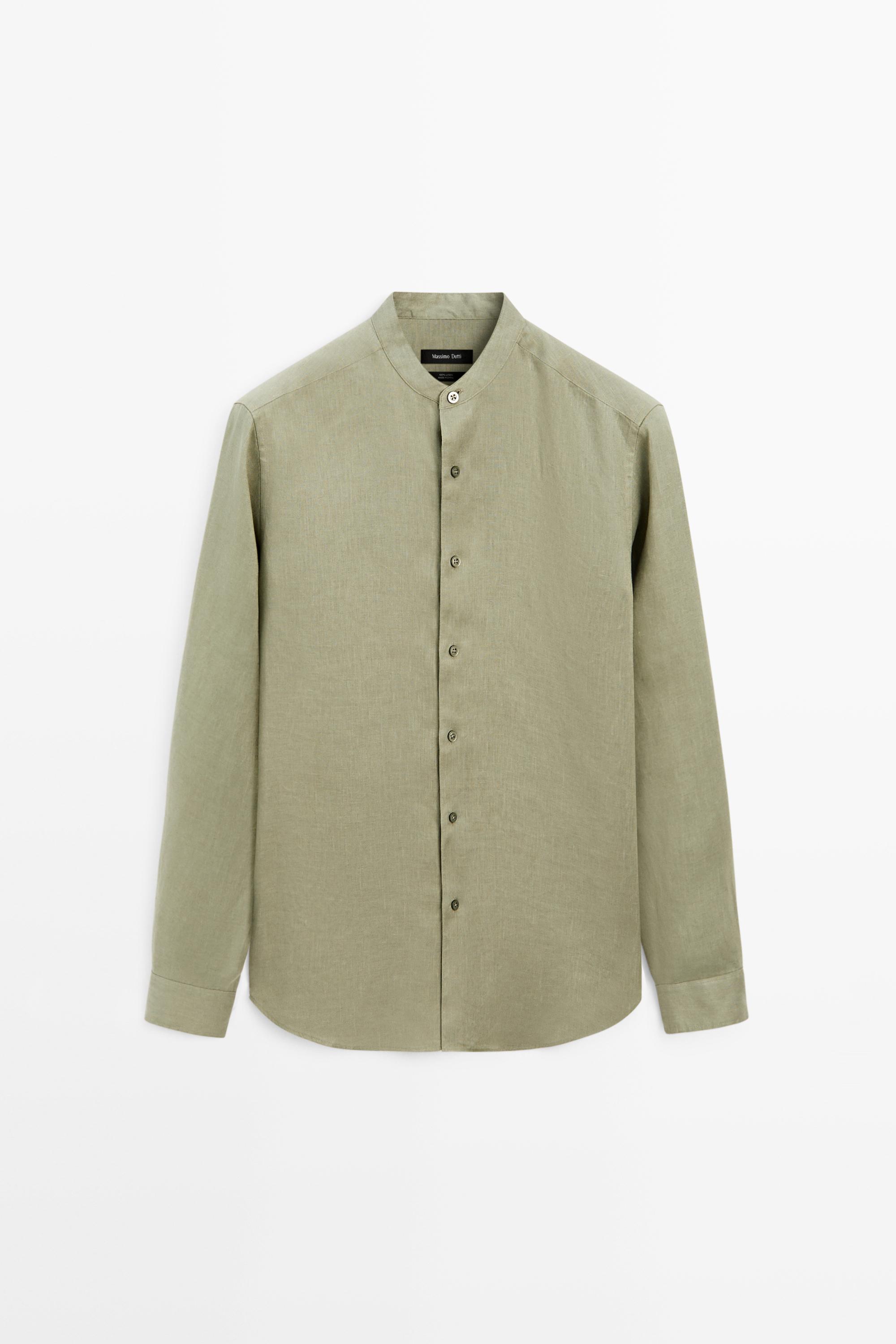 100% linen regular fit stand collar shirt — PALE GREEN