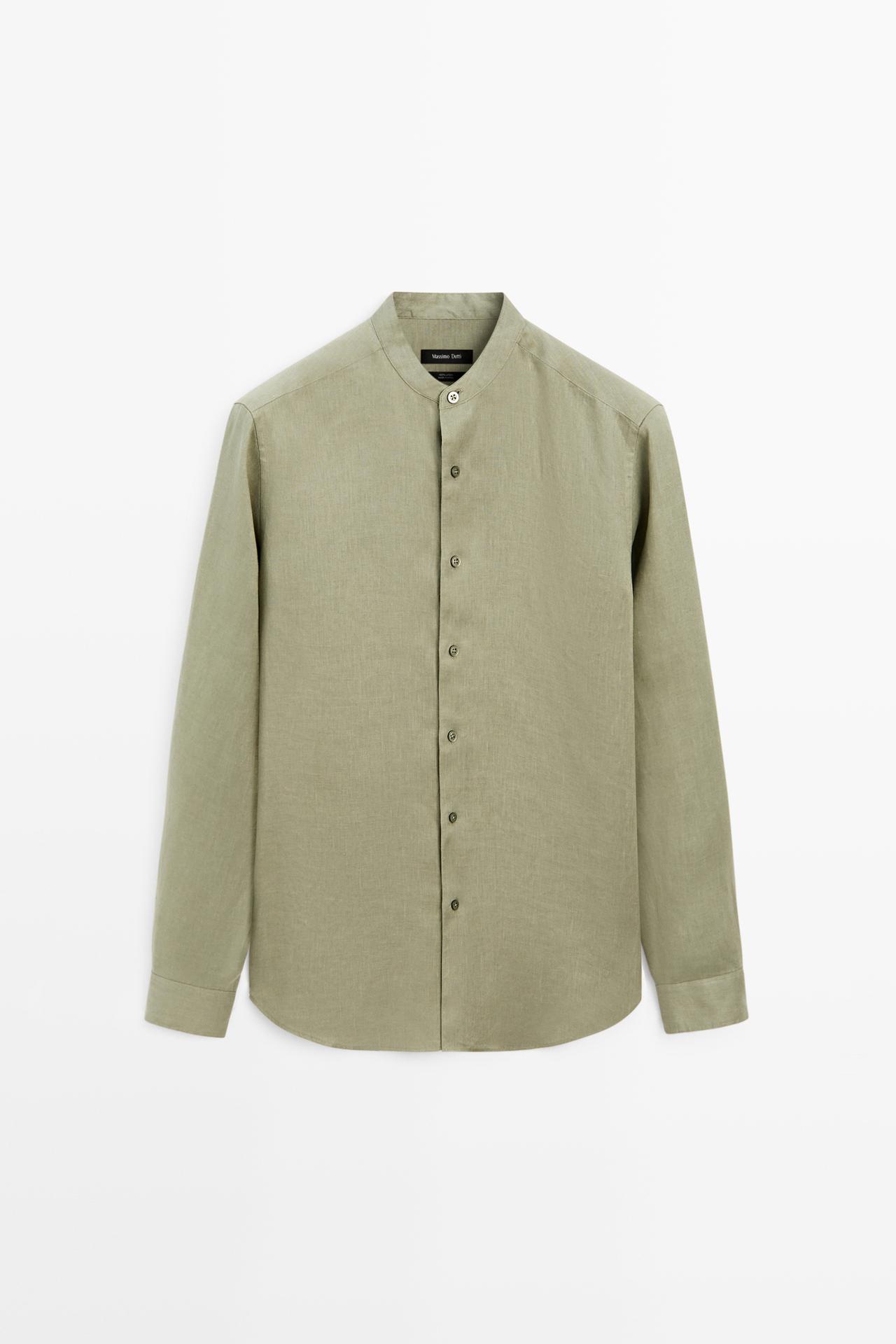 100% linen regular fit stand collar shirt — PALE GREEN