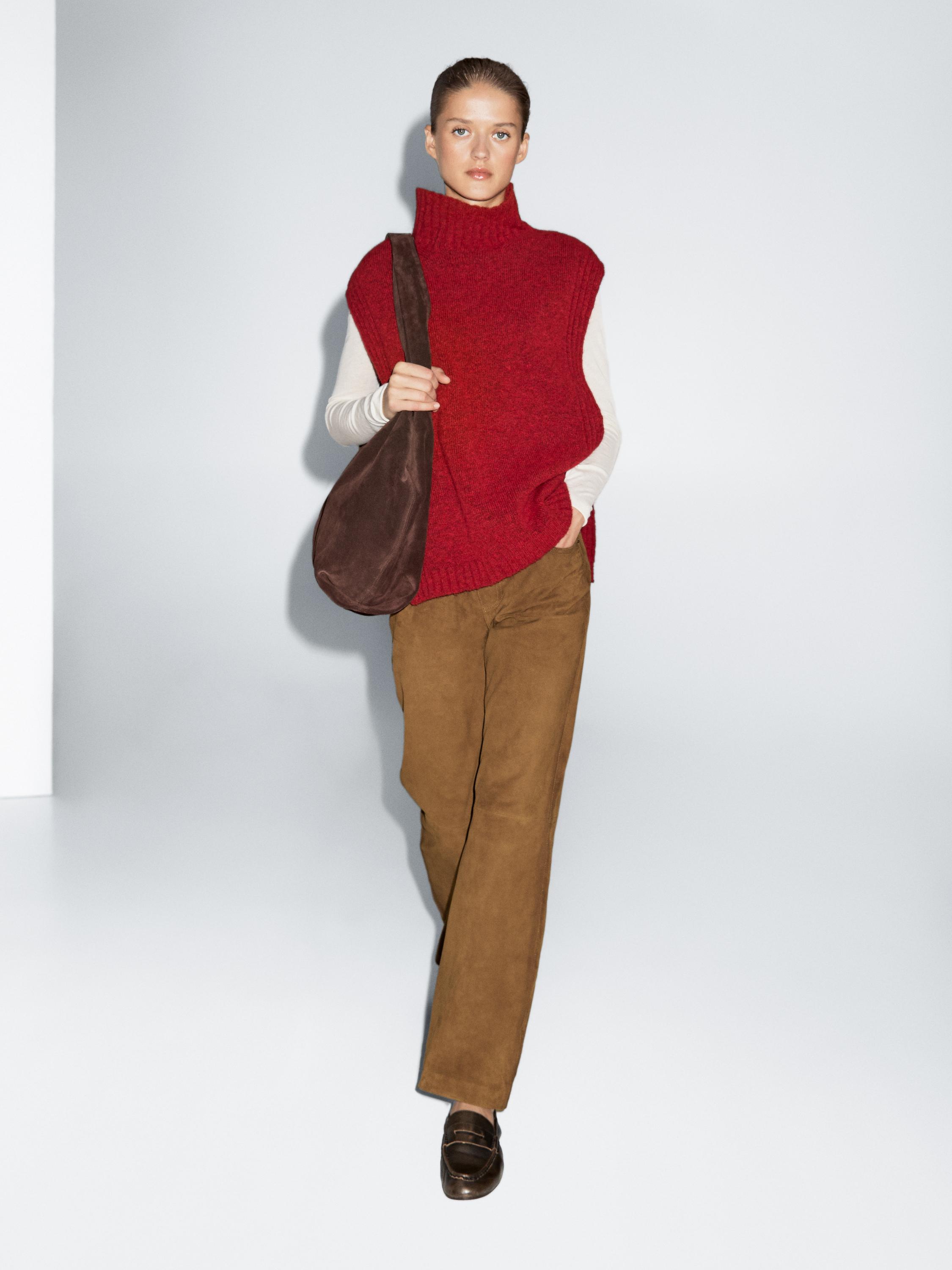 Suede leather straight trousers