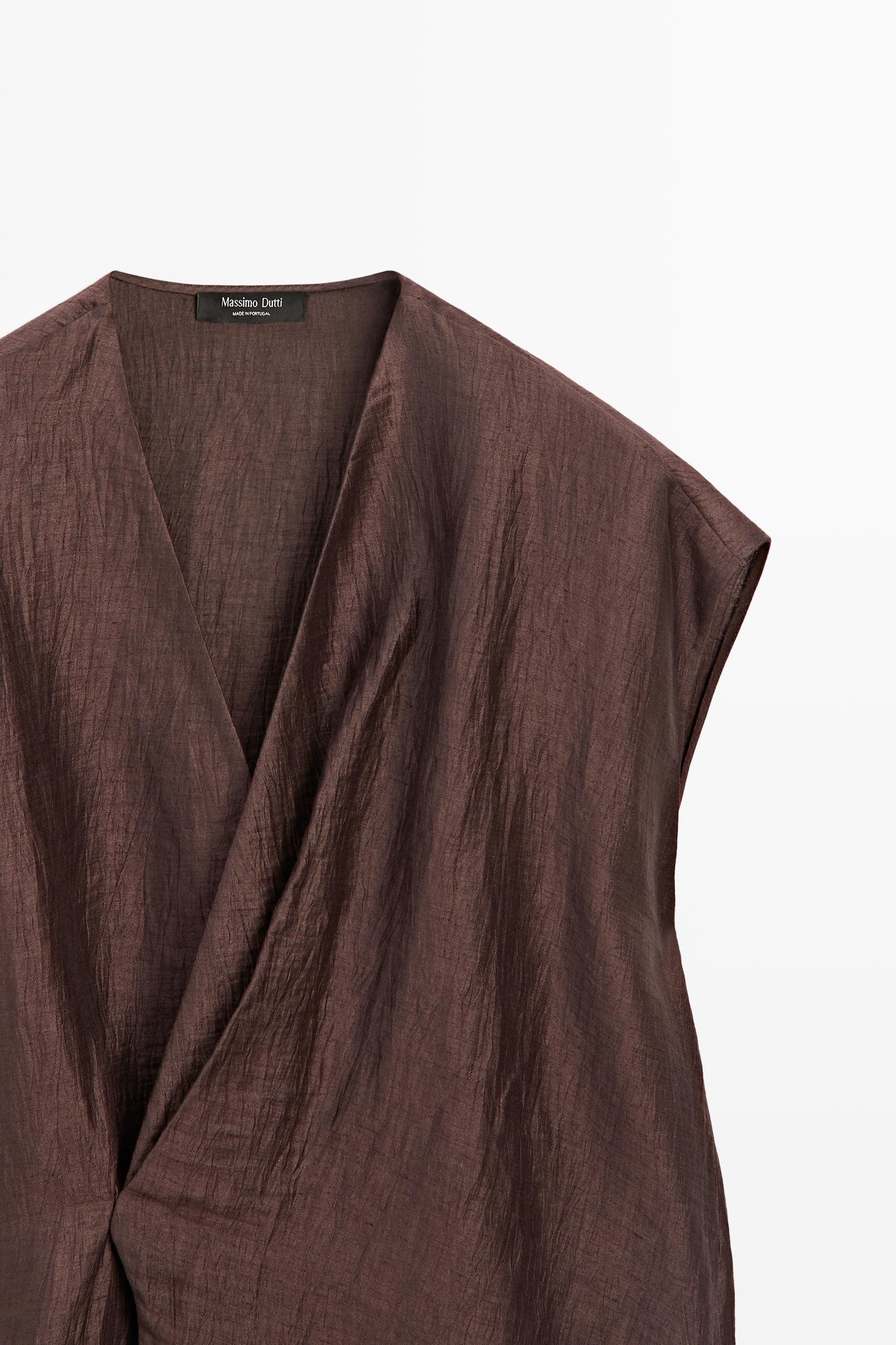 Fluid linen blend crossover kimono — BROWN