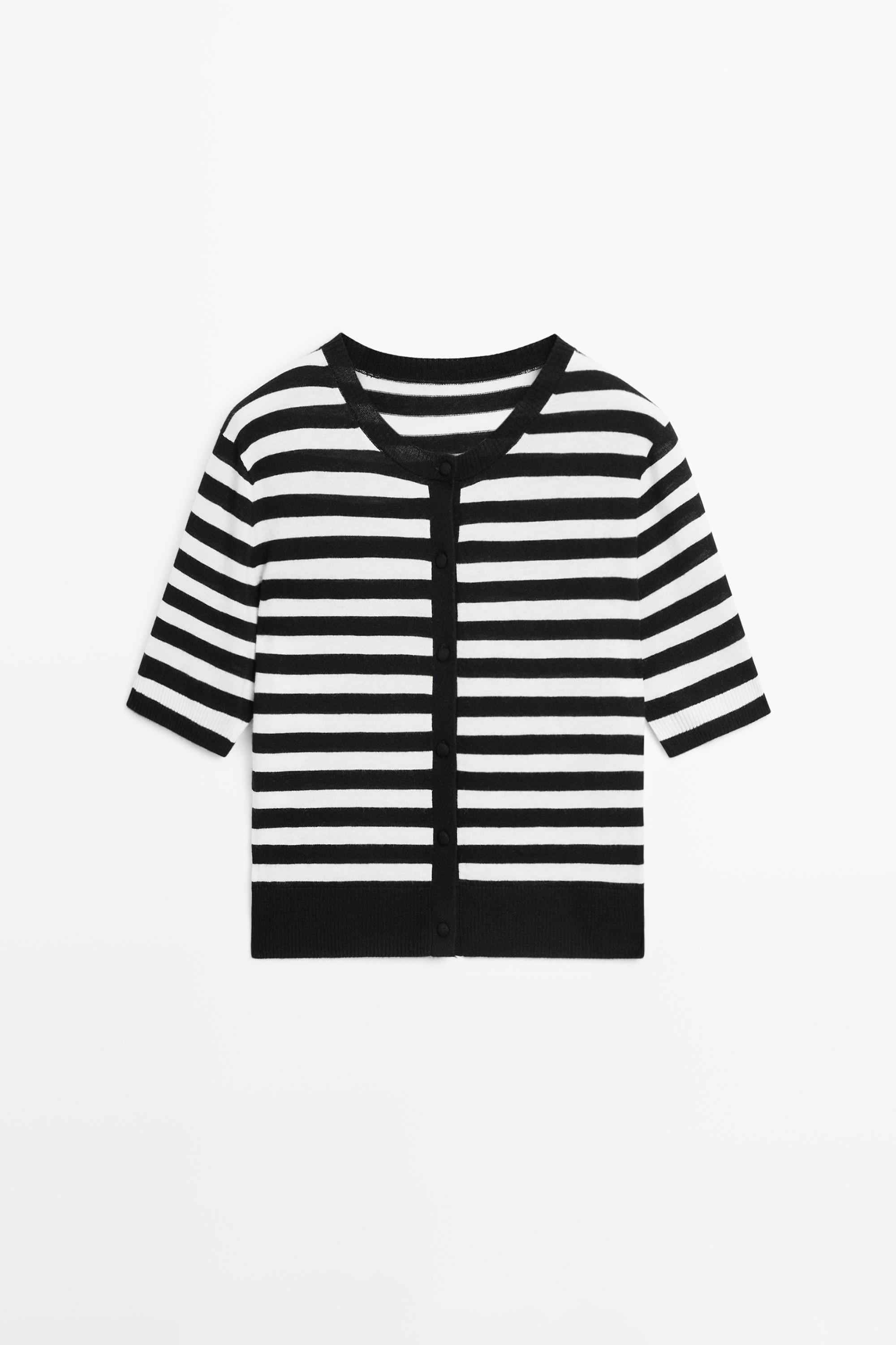 Striped short sleeve knit cardigan — BLACK