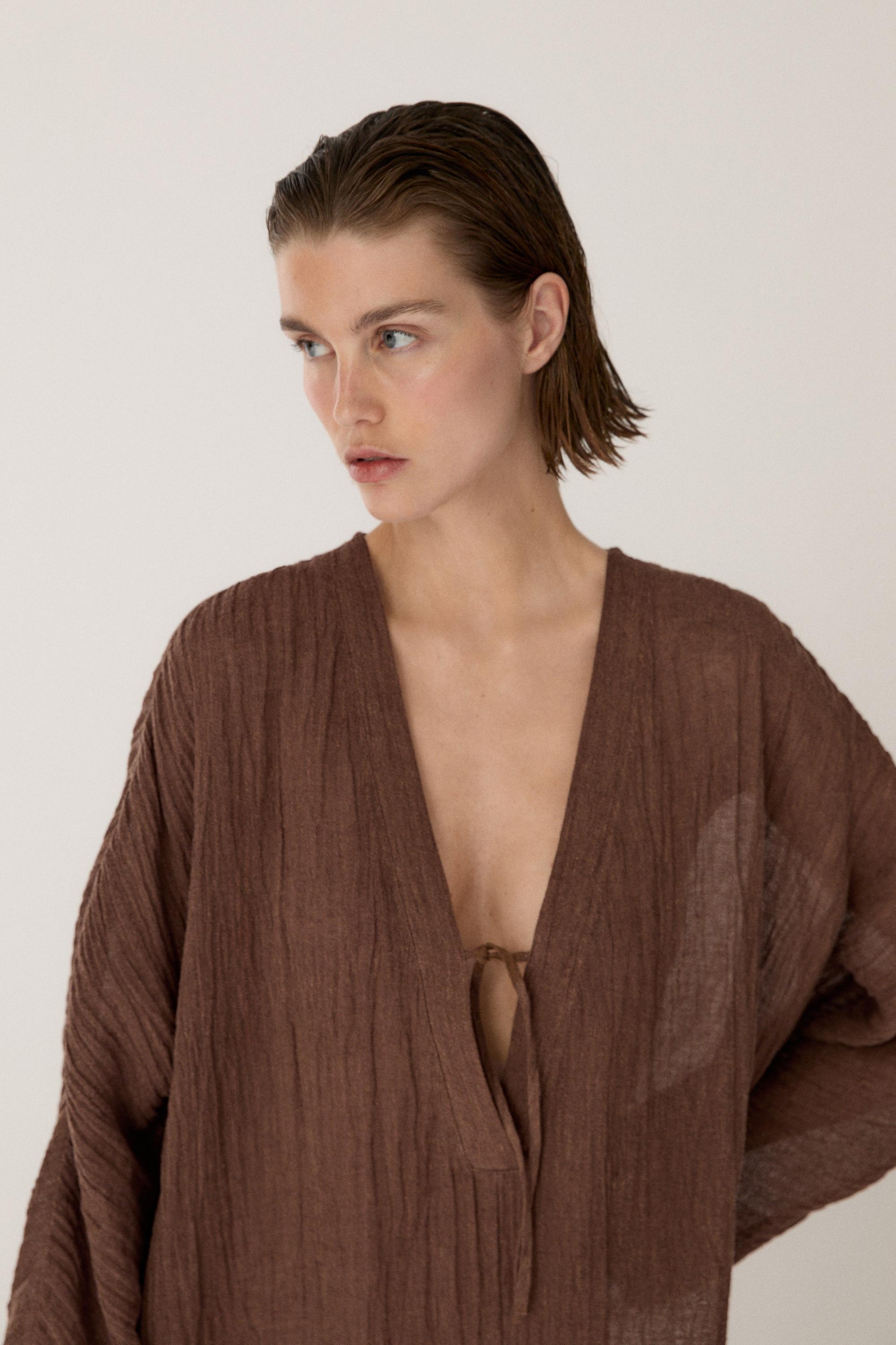 Linen blend kaftan dress with tied neckline — OCHRE
