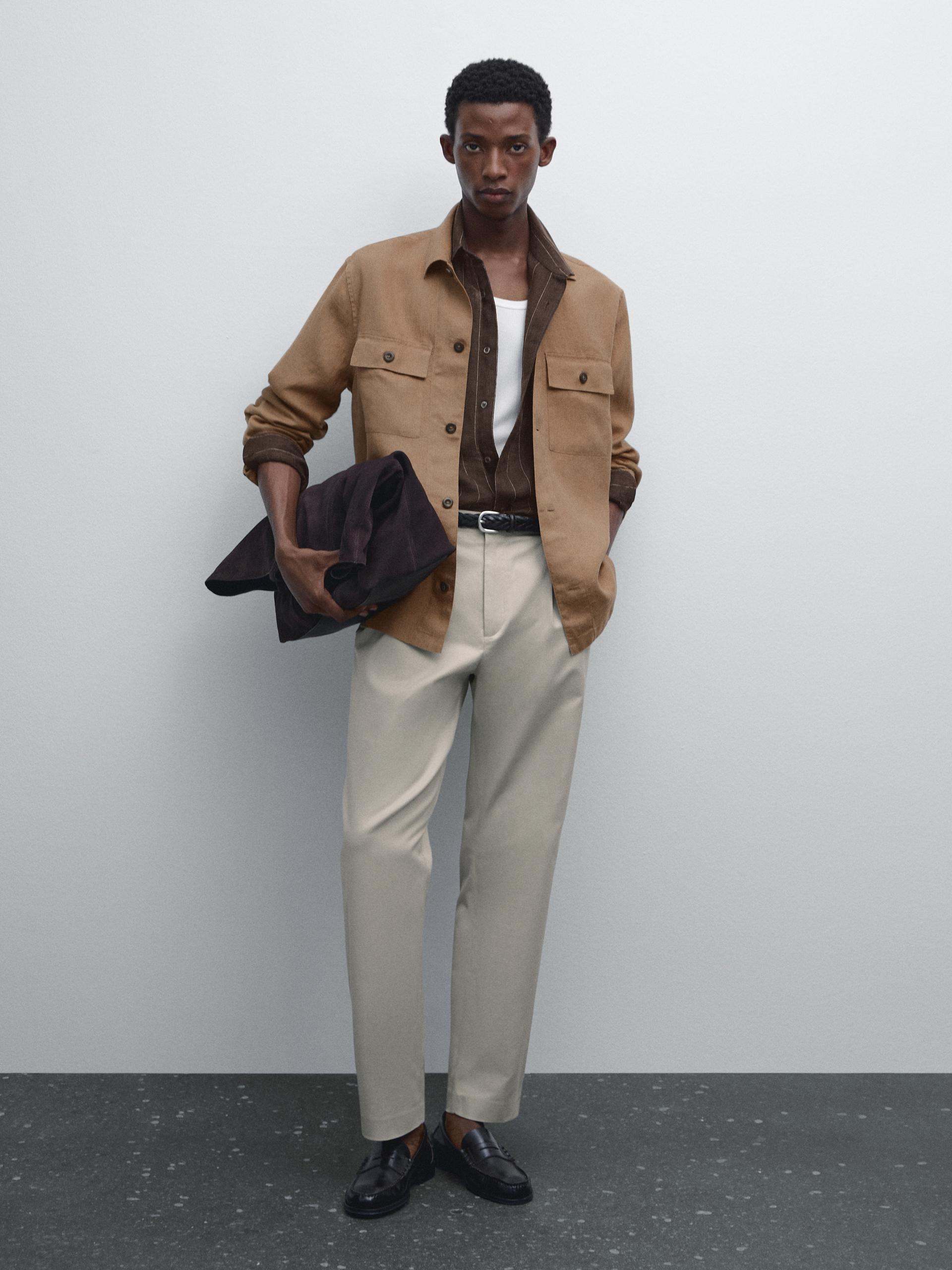 Straight Fit Trousers With Darts Detail - Beżowy - 38 - Massimo Dutti - Mężczyzna