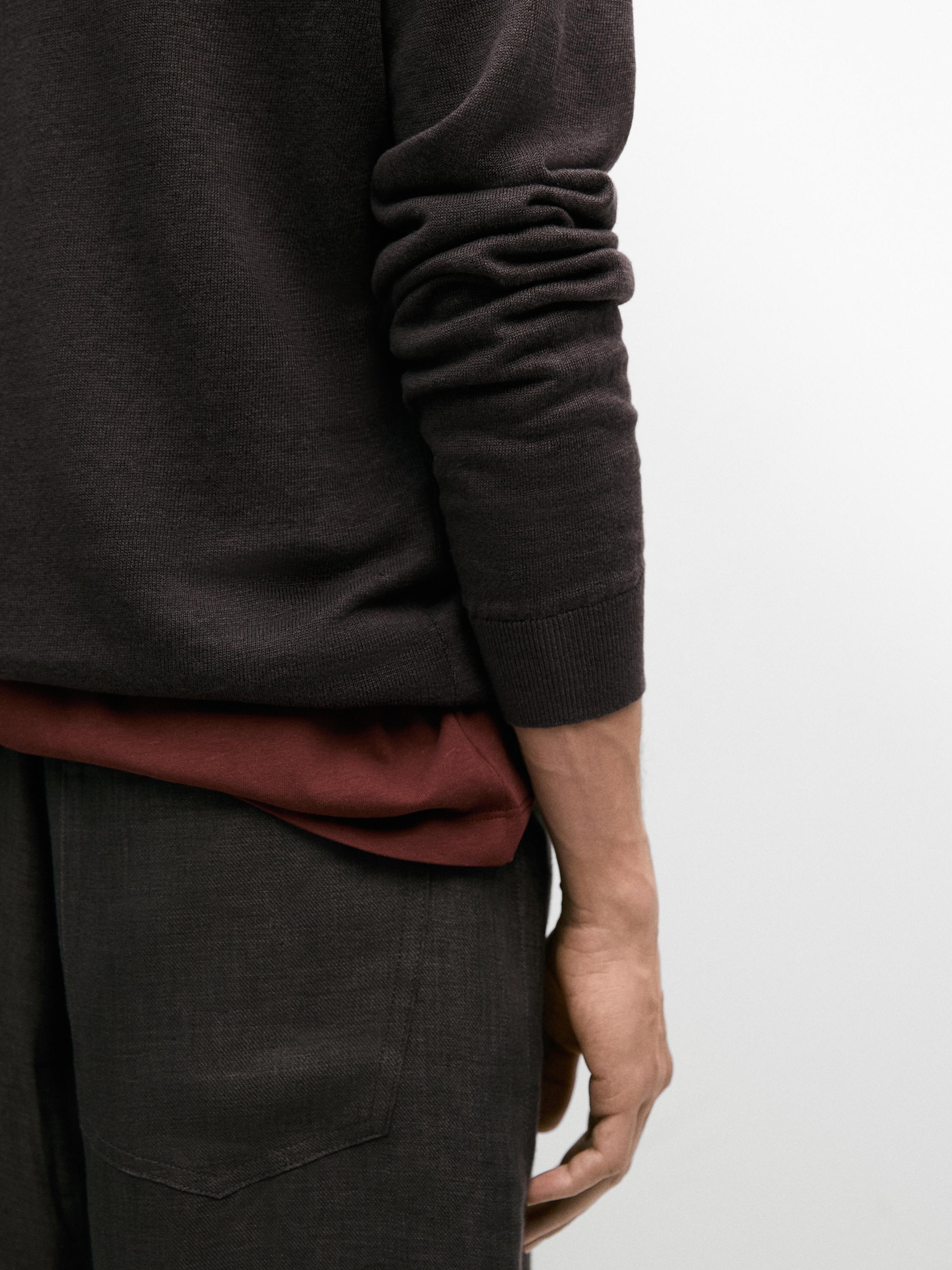 100% linen knit polo collar sweater — DARK BOTTLE GREEN