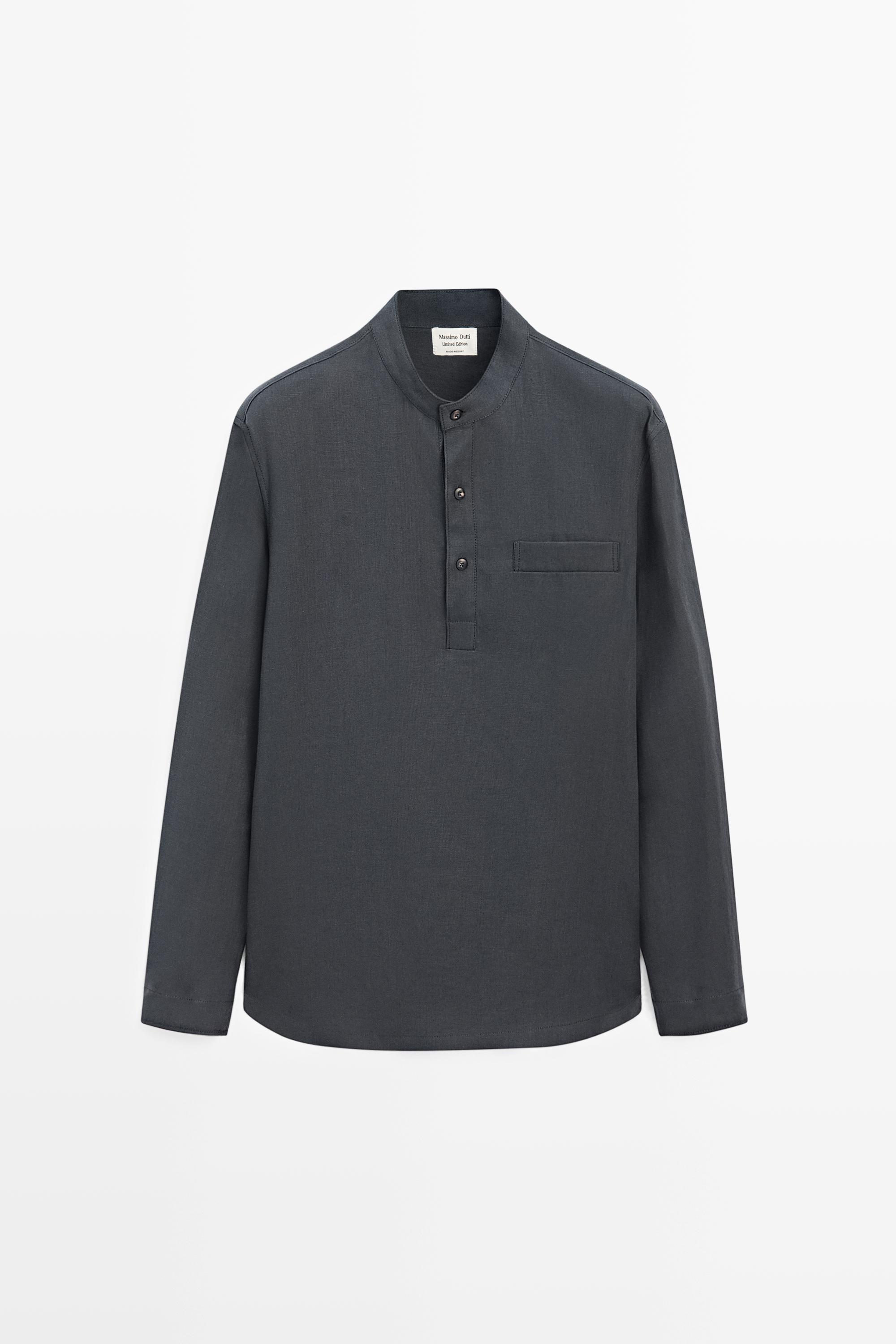 Linen button-up shirt with stand collar - LIMITED EDITION — NAVY BLUE
