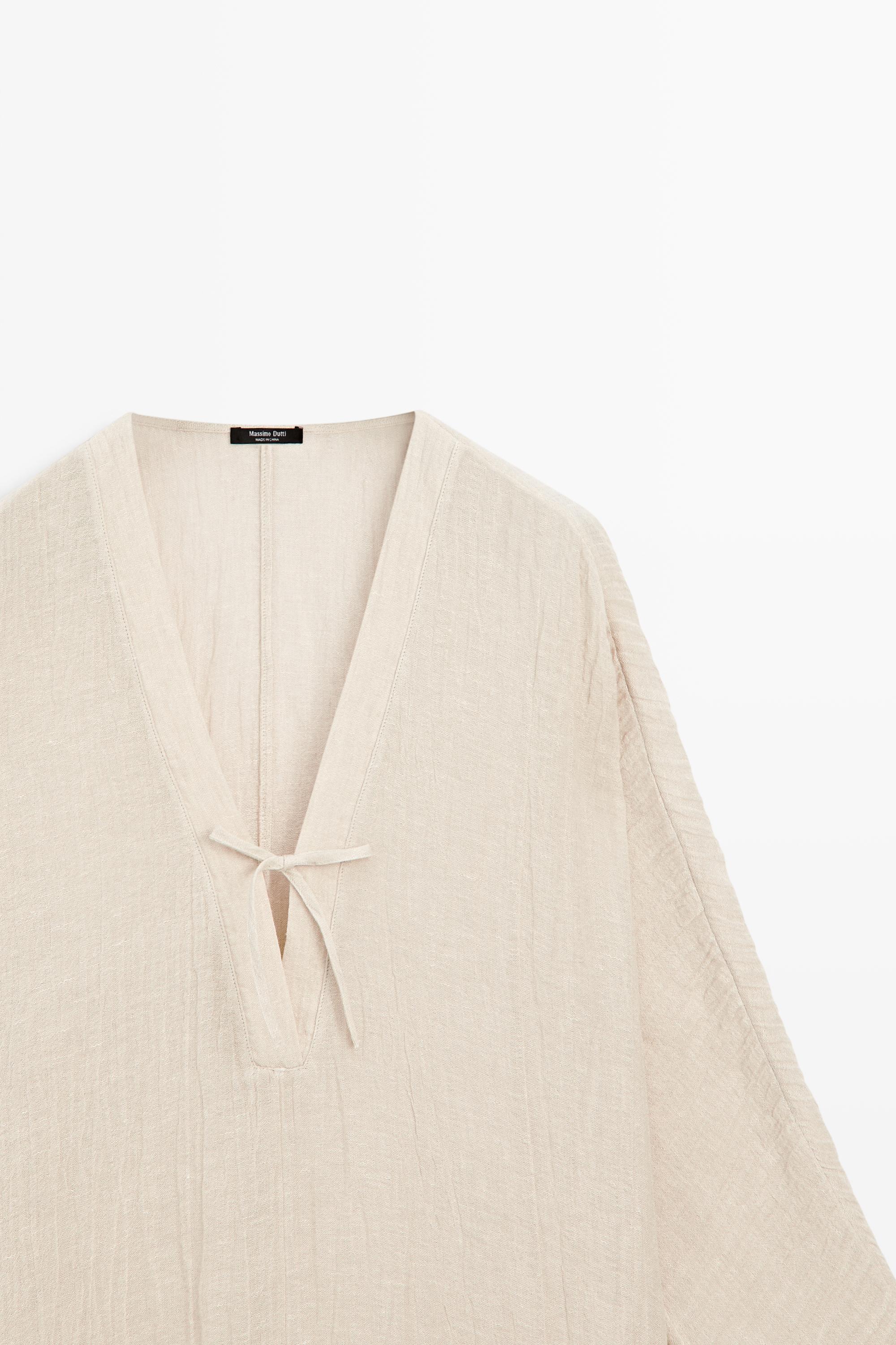 Linen blend kaftan dress with tied neckline — Off white