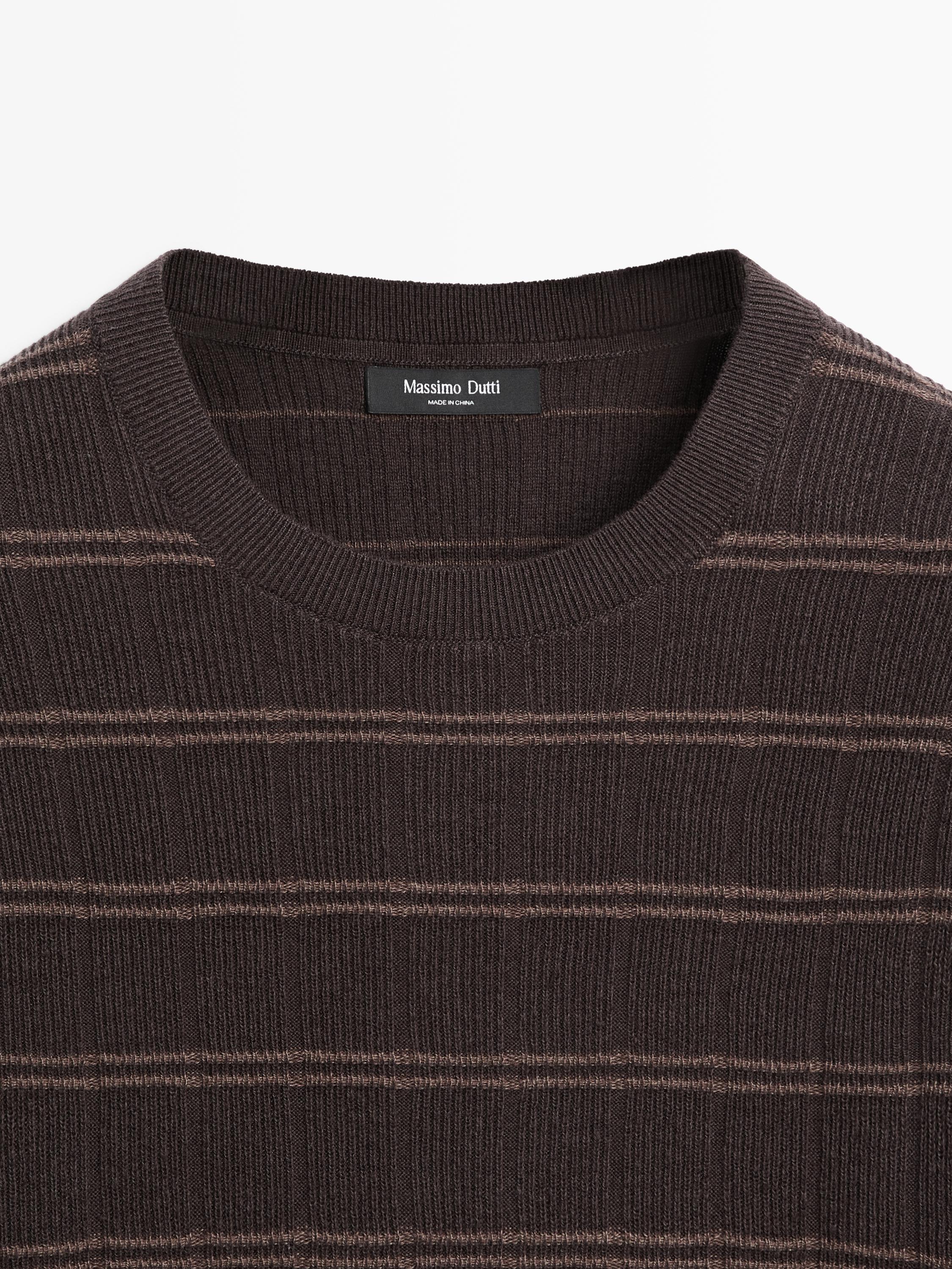 Striped knit crew neck sweater — BROWN