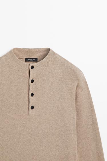 Buttoned mock neck knit sweater — GOLDEN BROWN 4