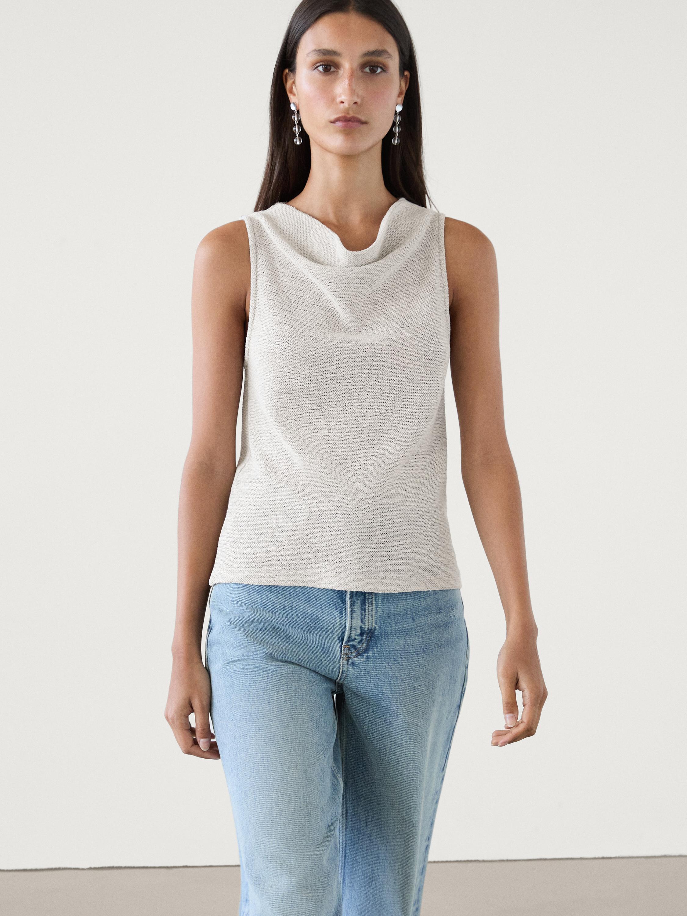 Cotton blend top with draped neckline