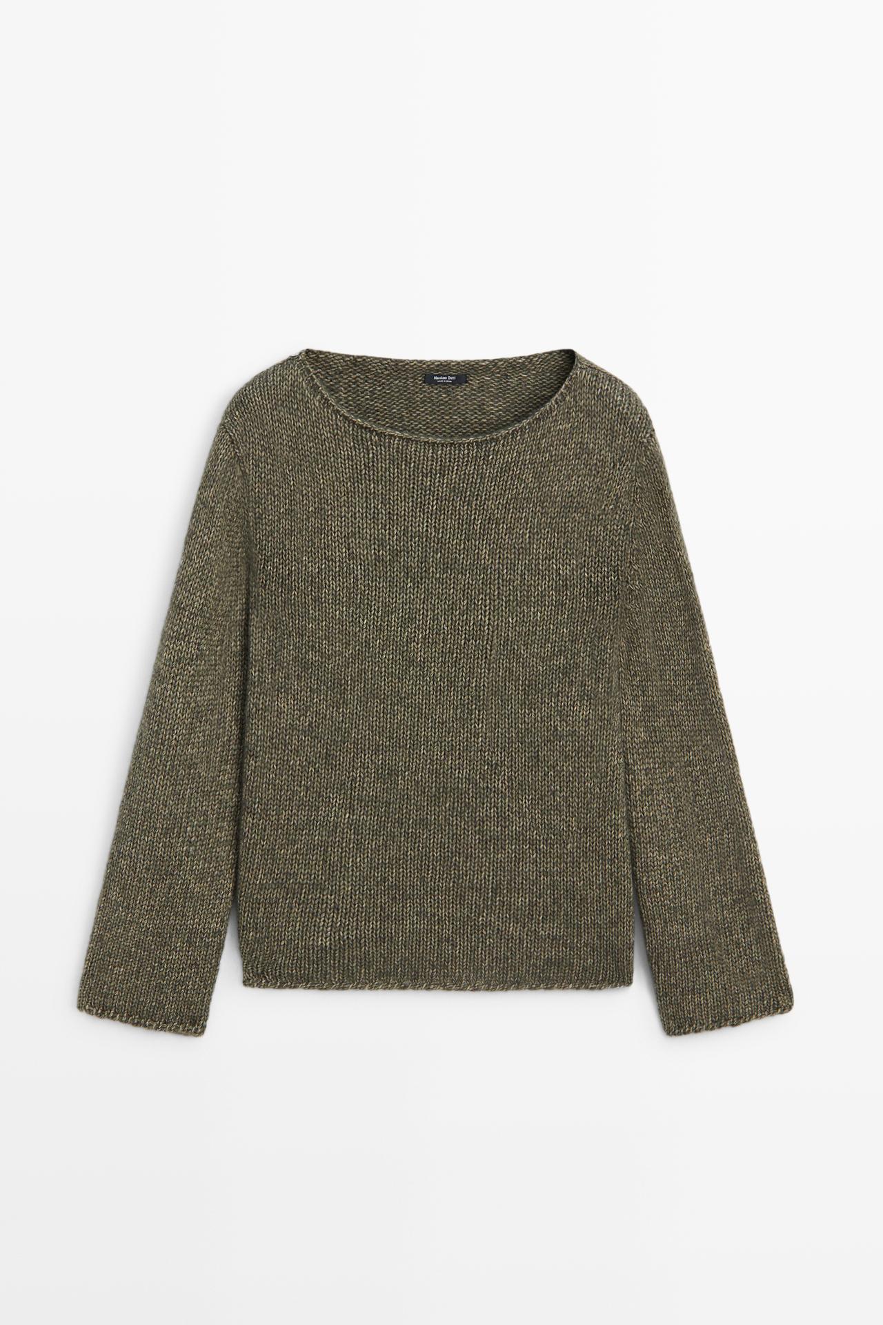 Wool-blend boat neck knit sweater — KHAKI