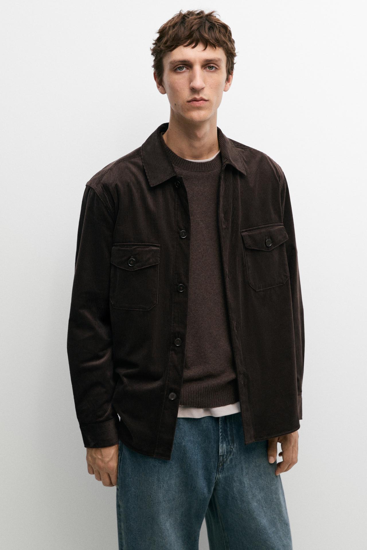 100% cotton overshirt with pocket detail — BROWN