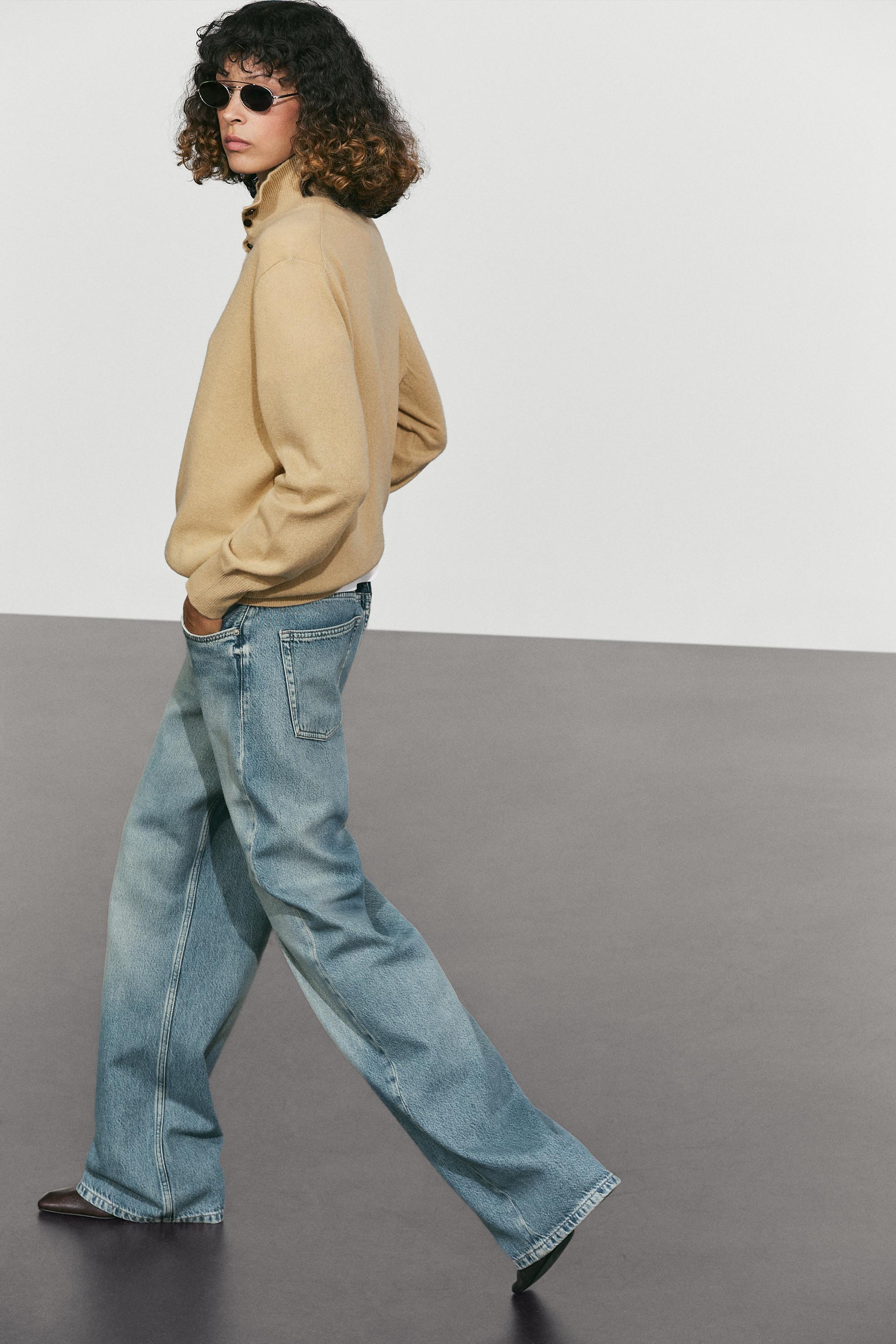 High neck knit sweater with button detail — CAMEL