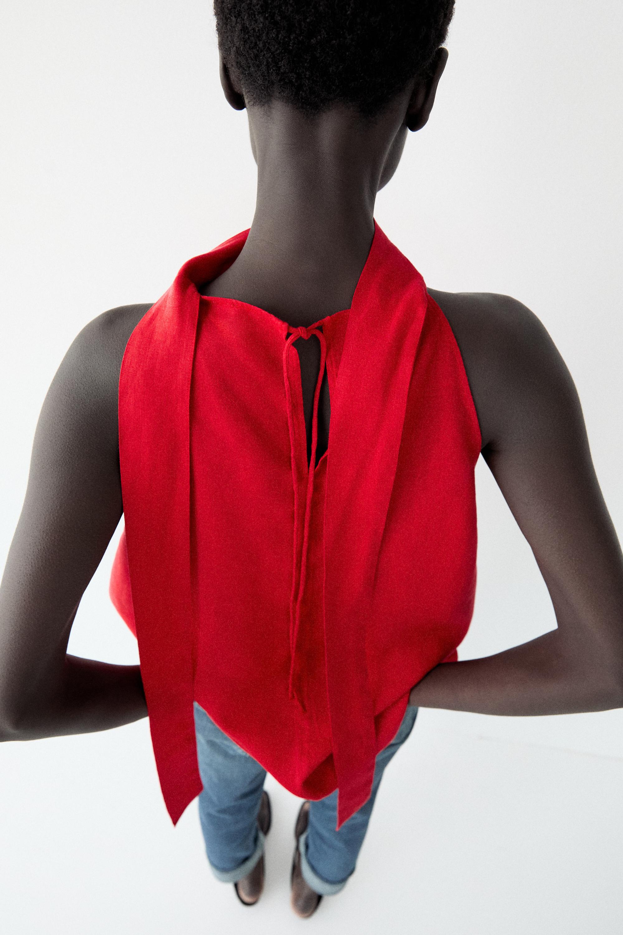 100% linen flowing halter top — RED