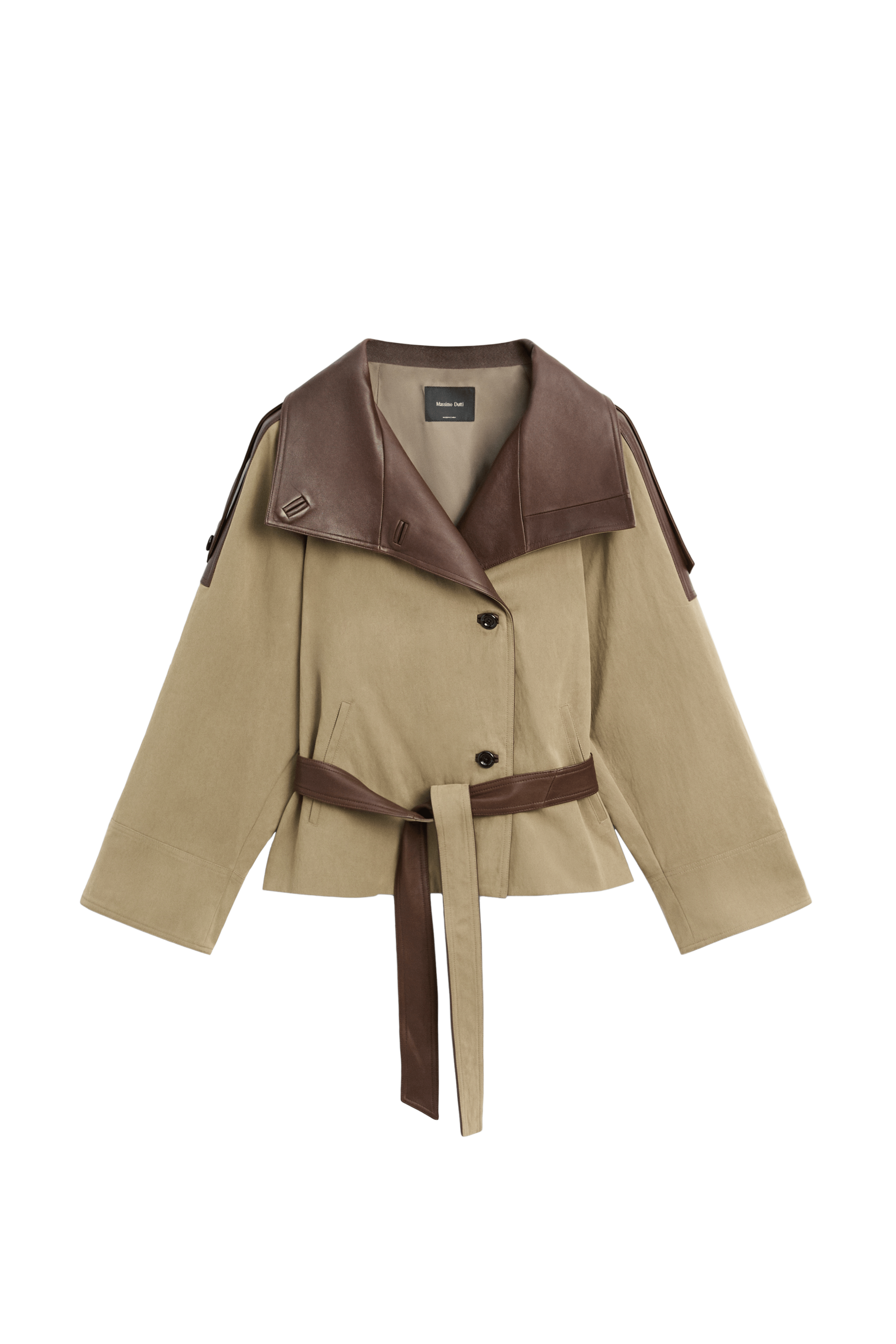 Cropped mixed leather jacket — Greyish green