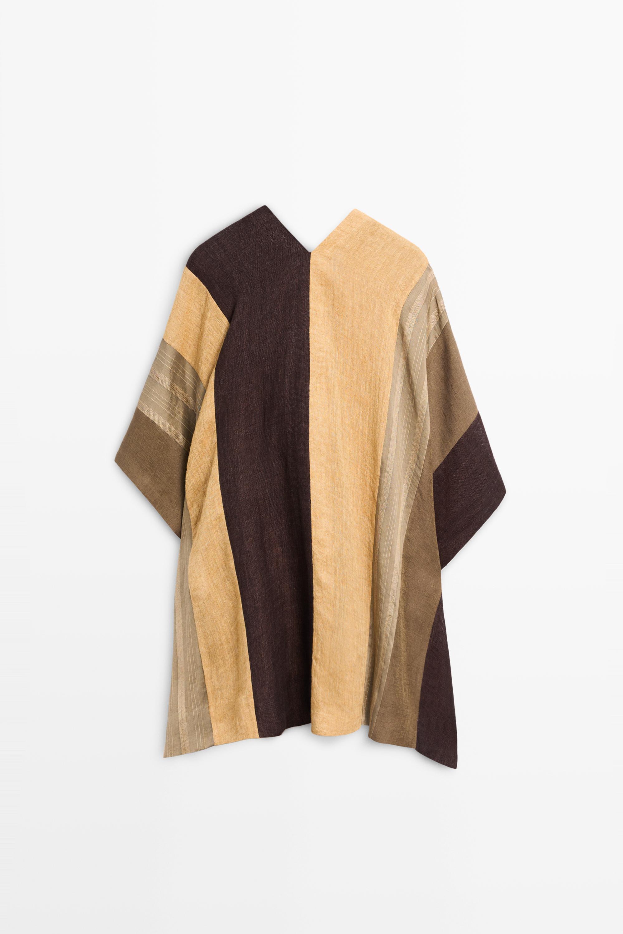 Flowing striped linen blend cape — PALE KHAKI