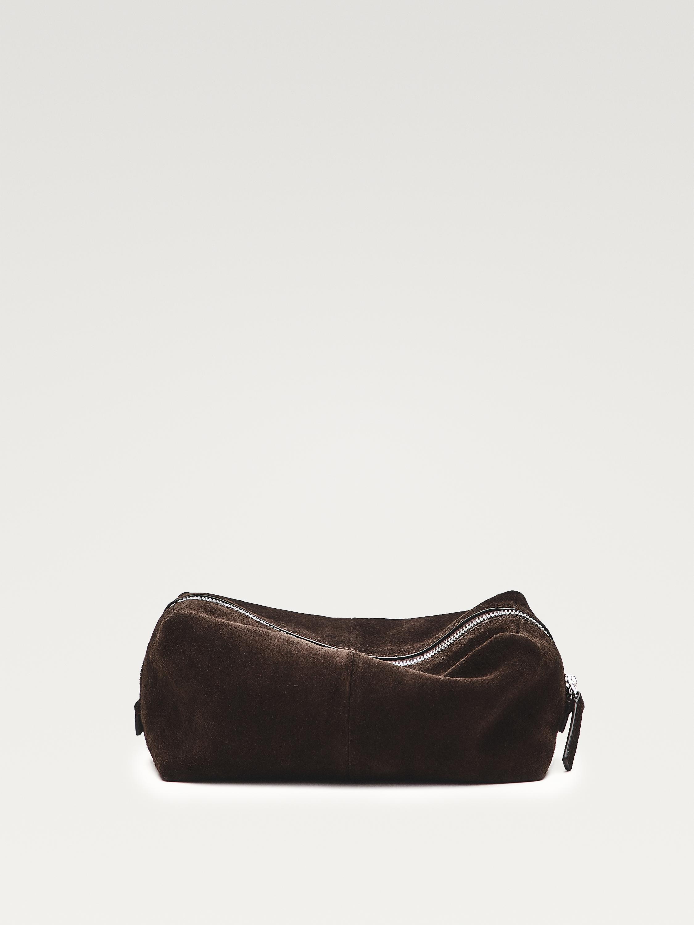 Suede leather toiletry bag with zip — BROWN
