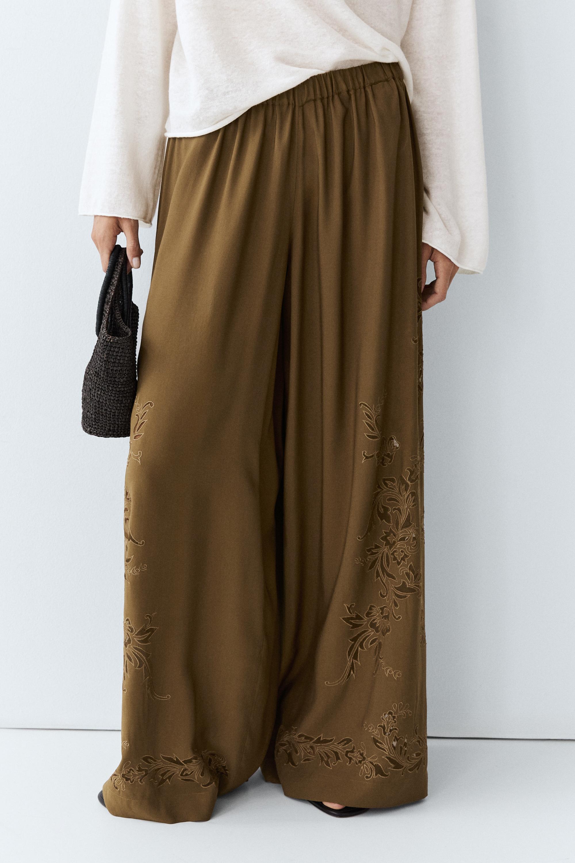 Flowing wide-leg pants with embroidery details — KHAKI