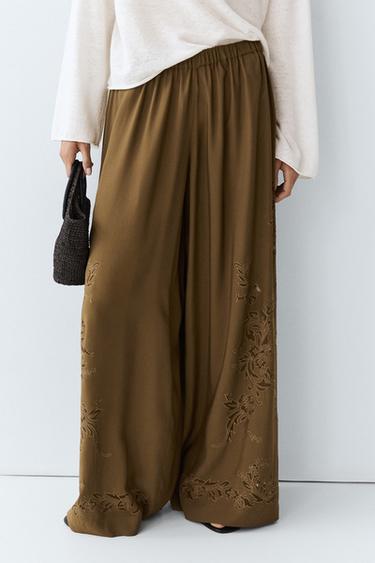 Flowing wide-leg pants with embroidery details — KHAKI 5