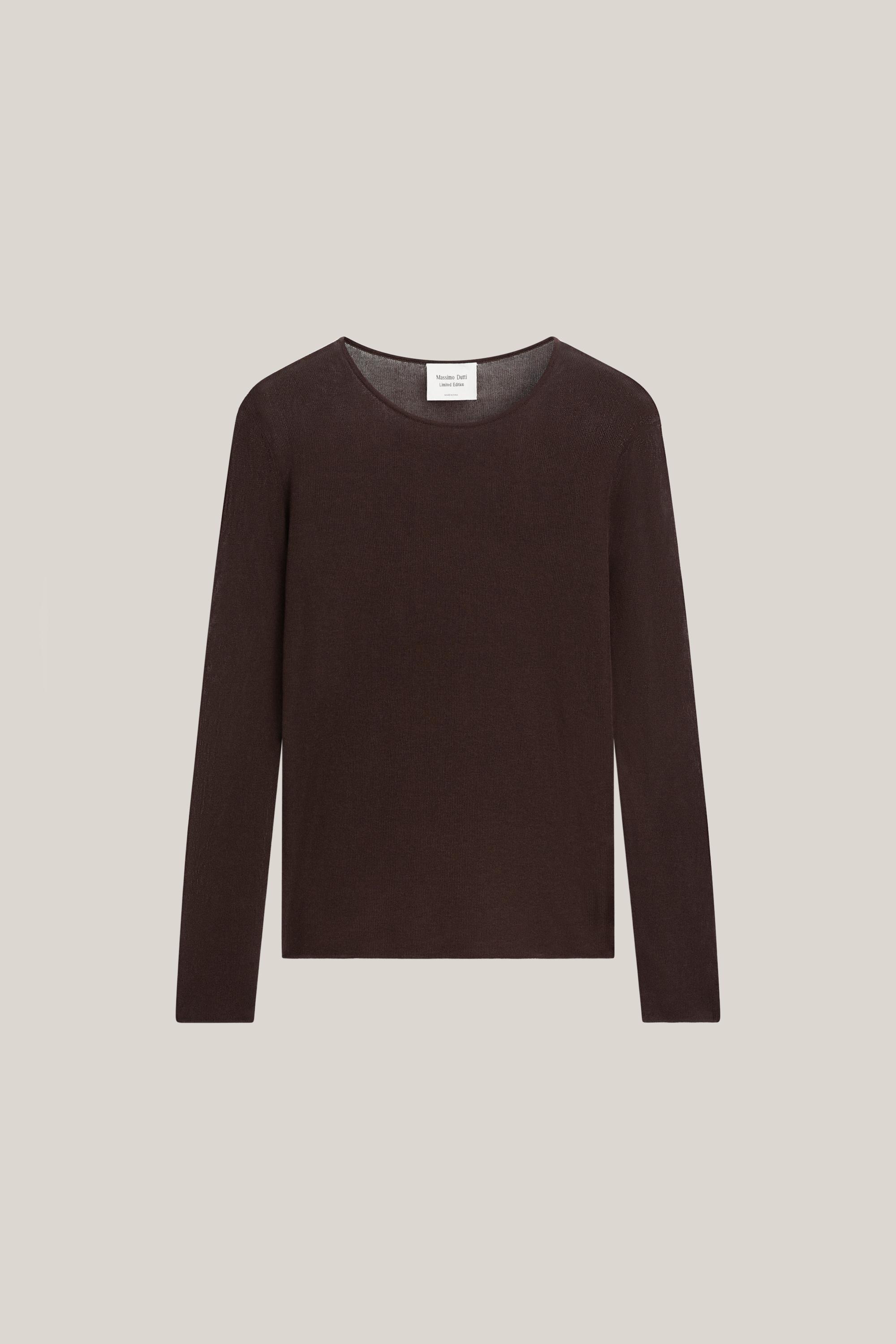 100% cotton semi-sheer T-shirt with collar detail — BROWN