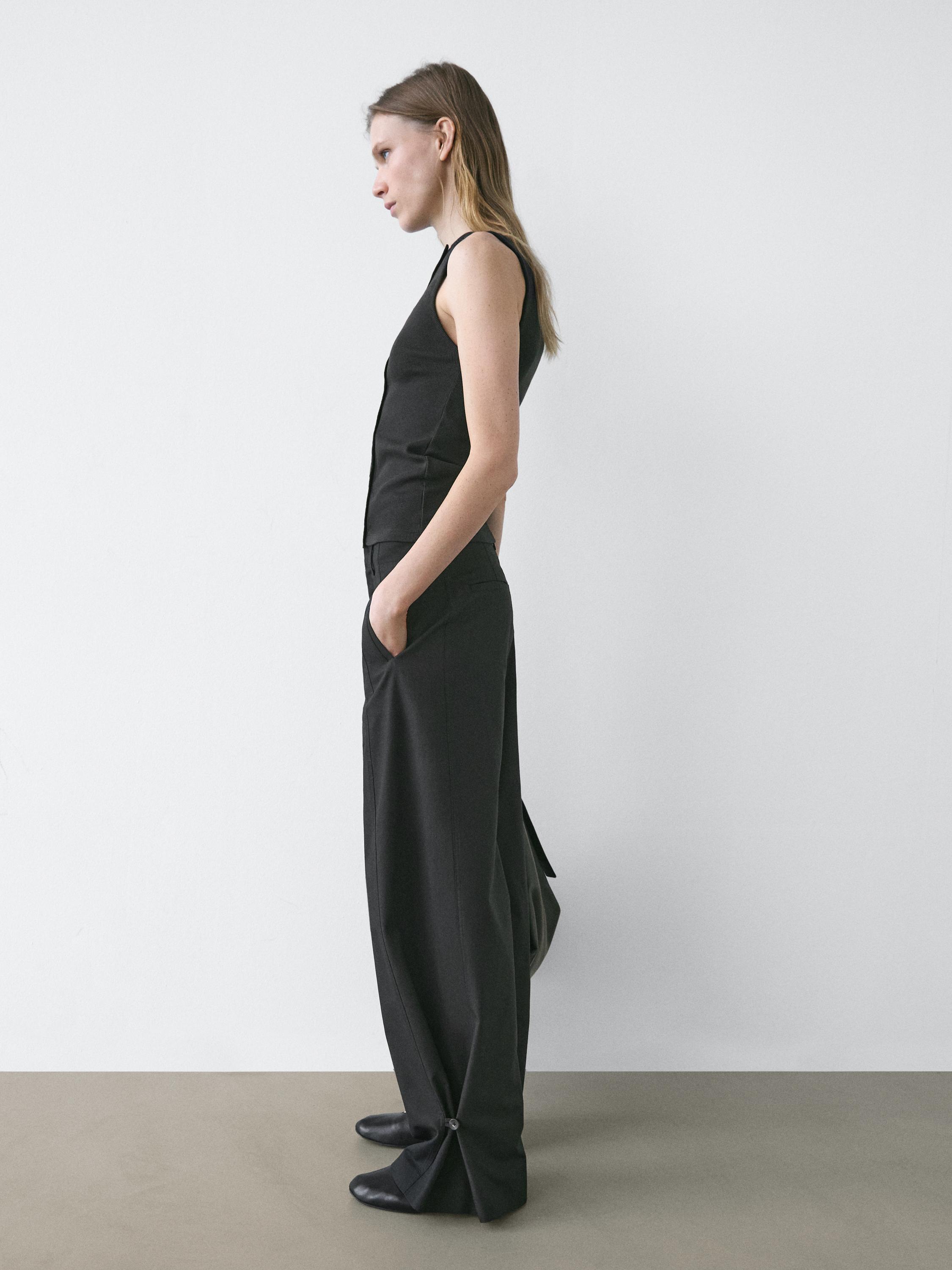 Cotton blend trousers with hem detail — BLACK