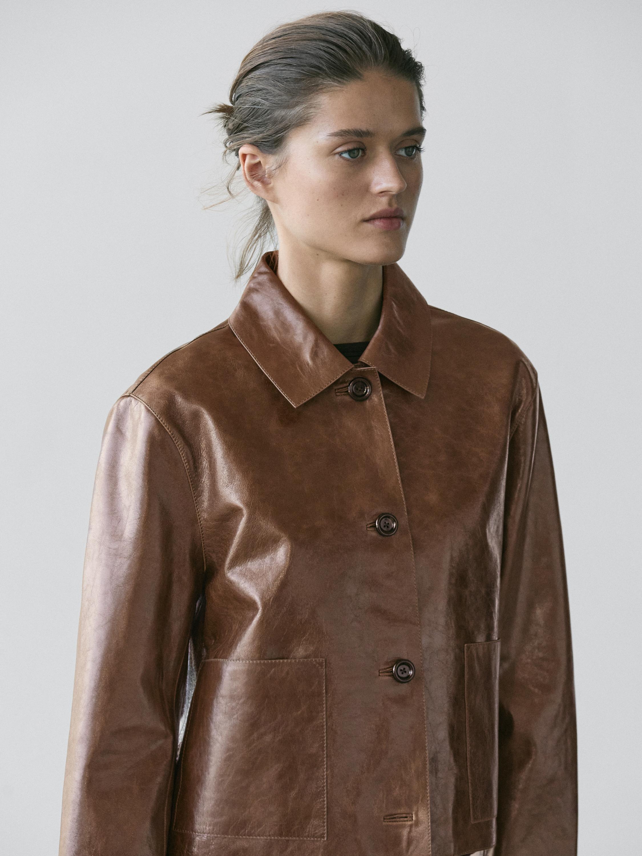 Cropped nappa leather jacket — MOLE BROWN