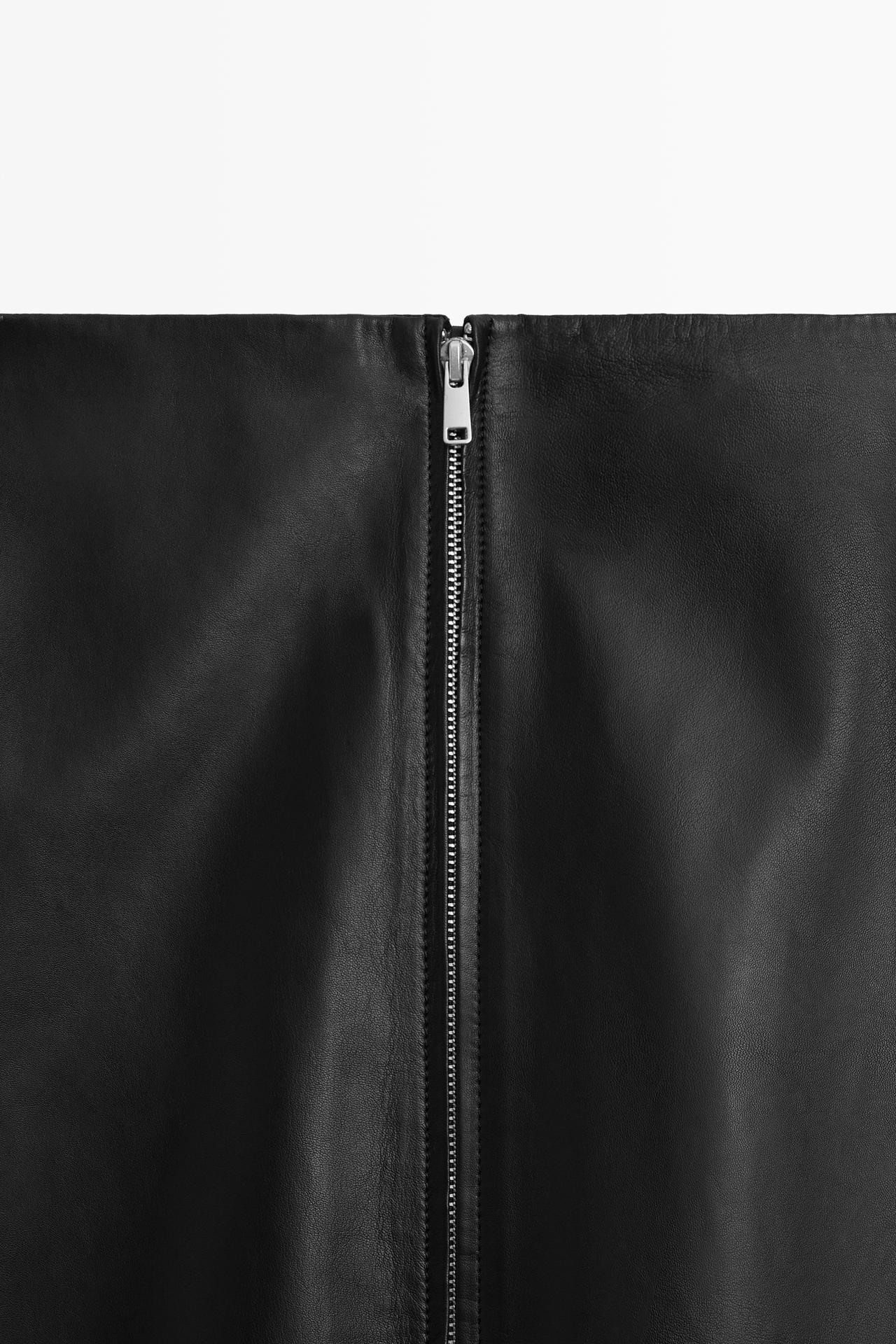 Nappa leather zip-front midi skirt — BLACK