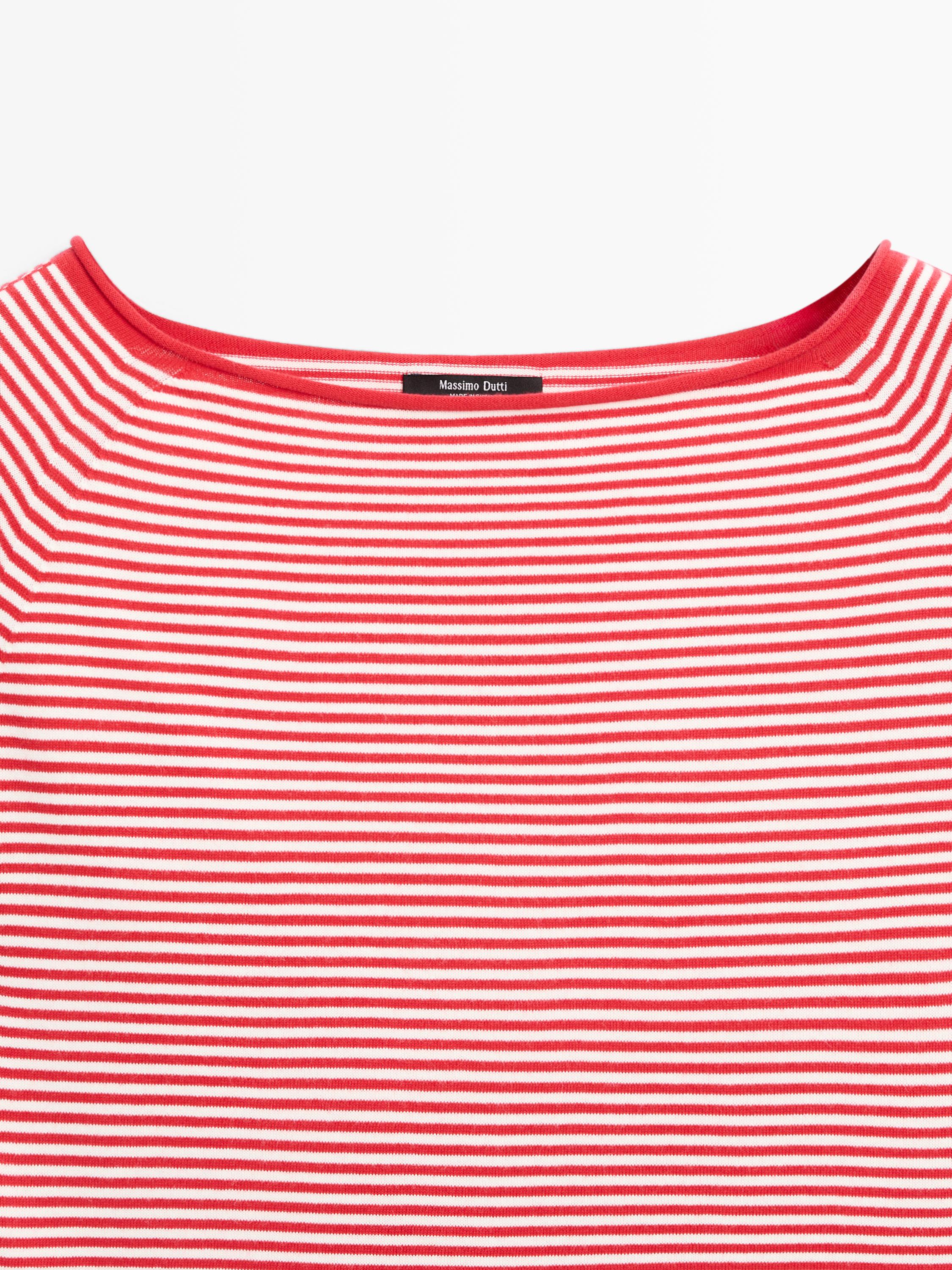 100% cotton striped knit sweater — RED