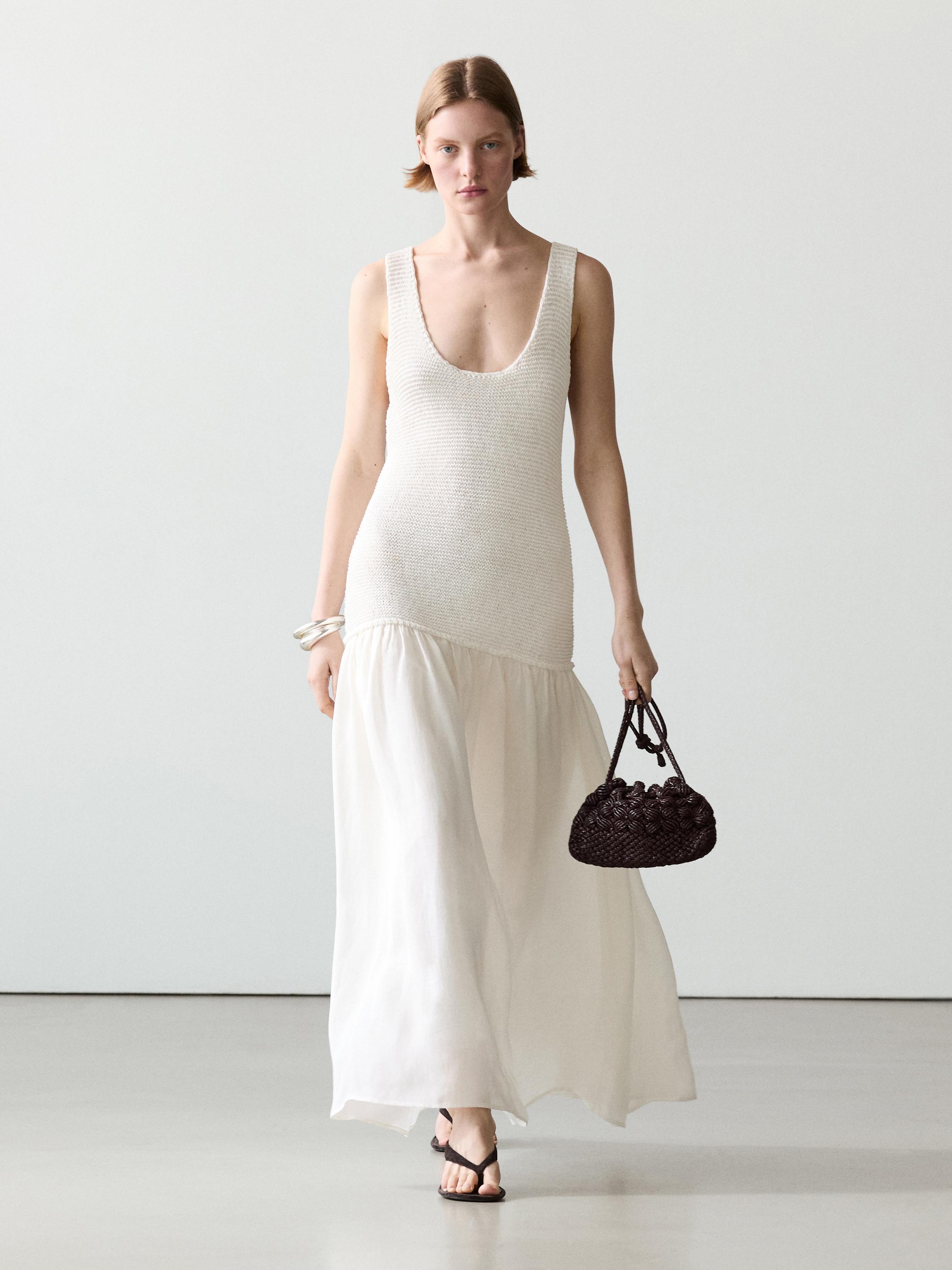 linen dress massimo dutti Massimo Dutti Contrast Halter Dress WITH Pleated Skirt Maxi dress, Women's, Size: Medium, White