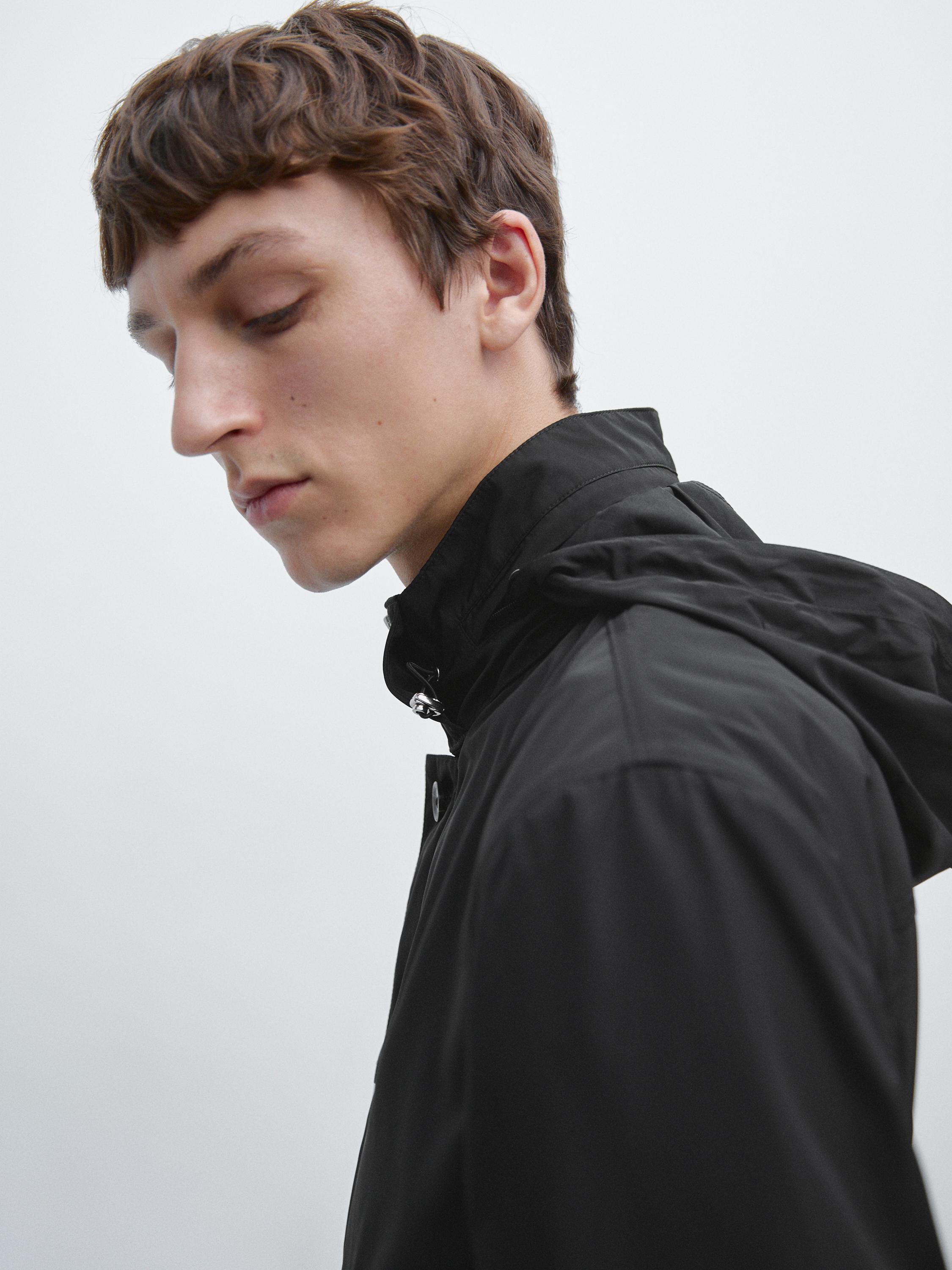 Hooded parka with fabric detail — BLACK