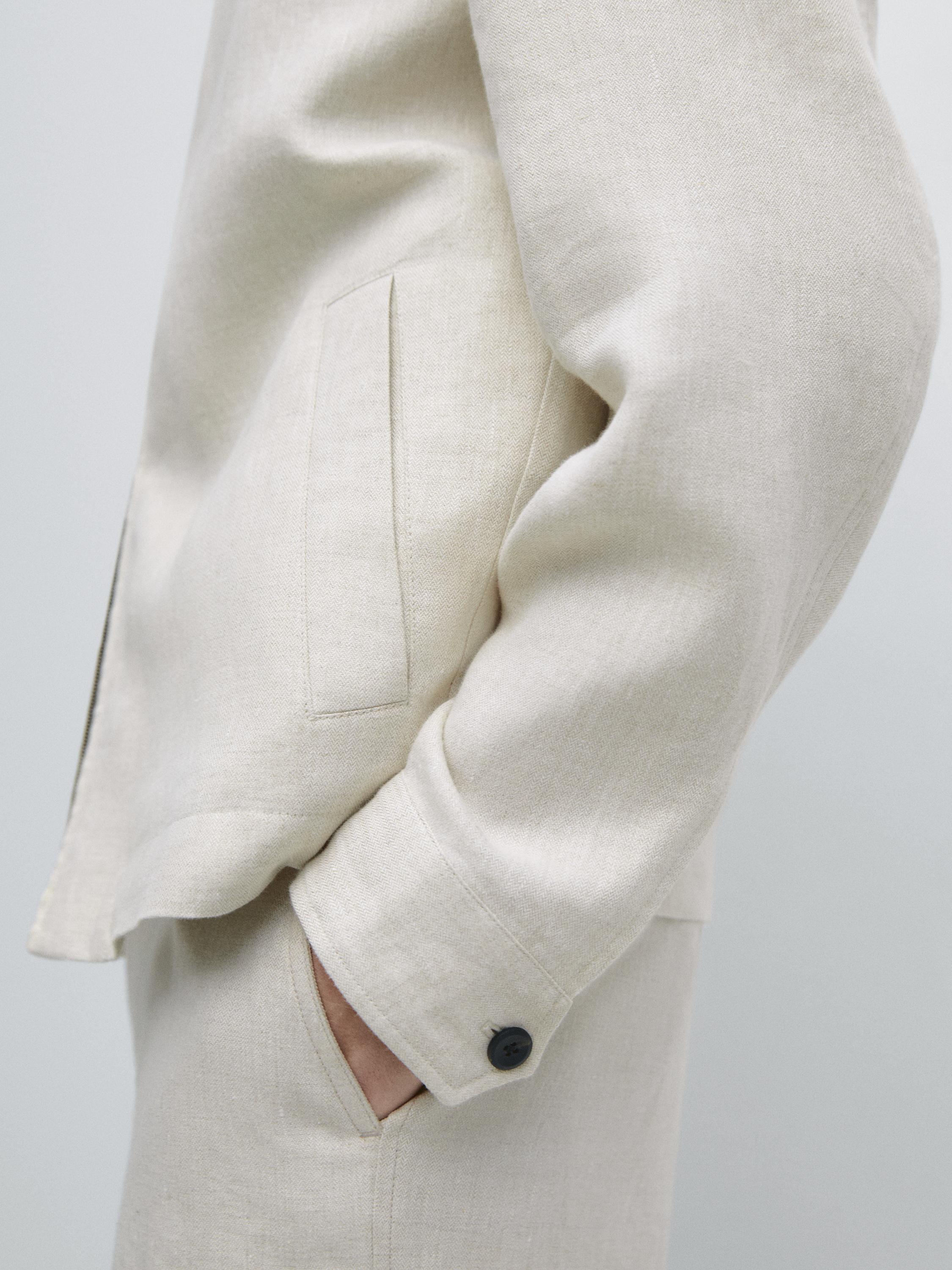 Short linen jacket with herringbone detail — BEIGE