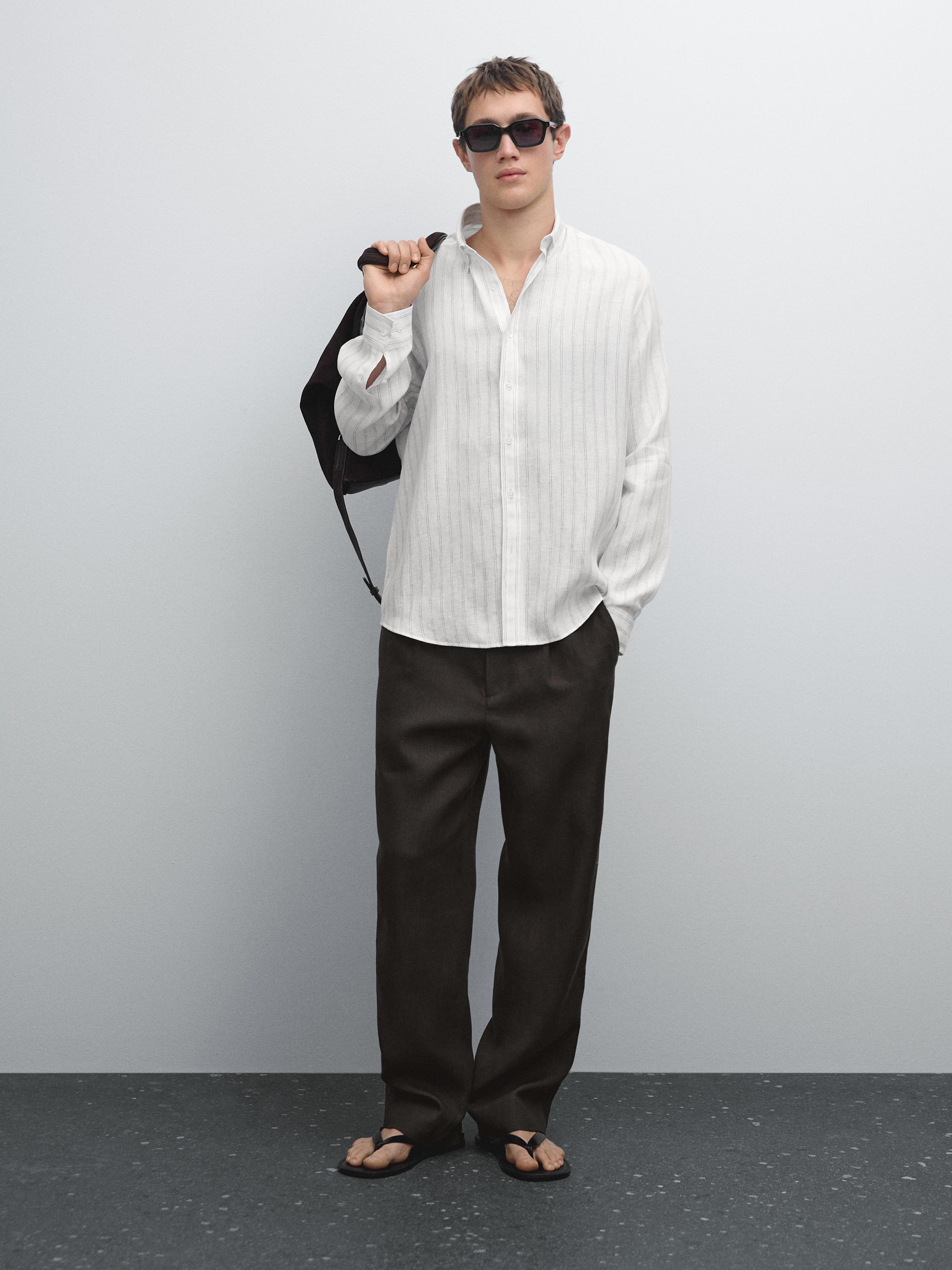 100% linen regular fit striped shirt