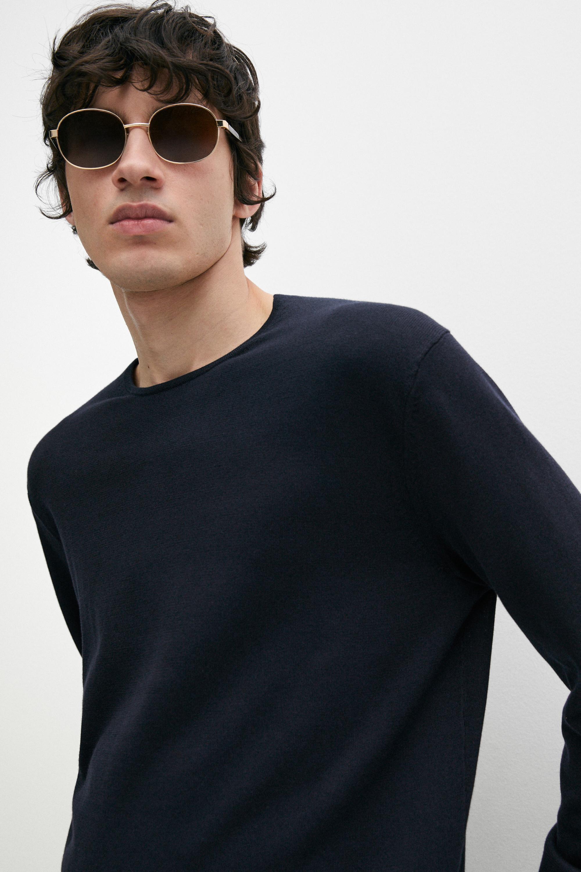 Knit 100% cotton crew neck sweater — NAVY BLUE