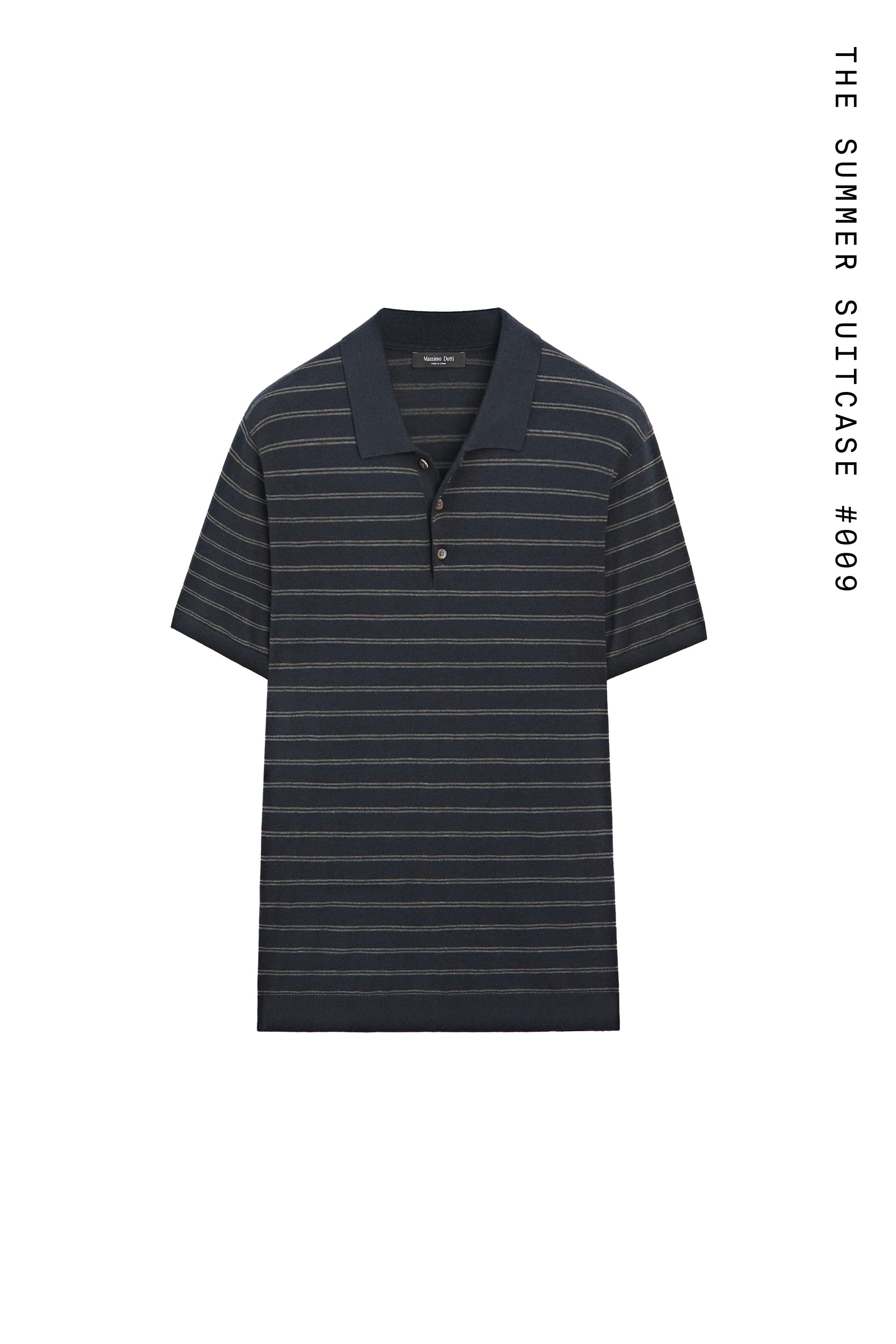 Cotton blend knit polo shirt with striped detail — NAVY BLUE