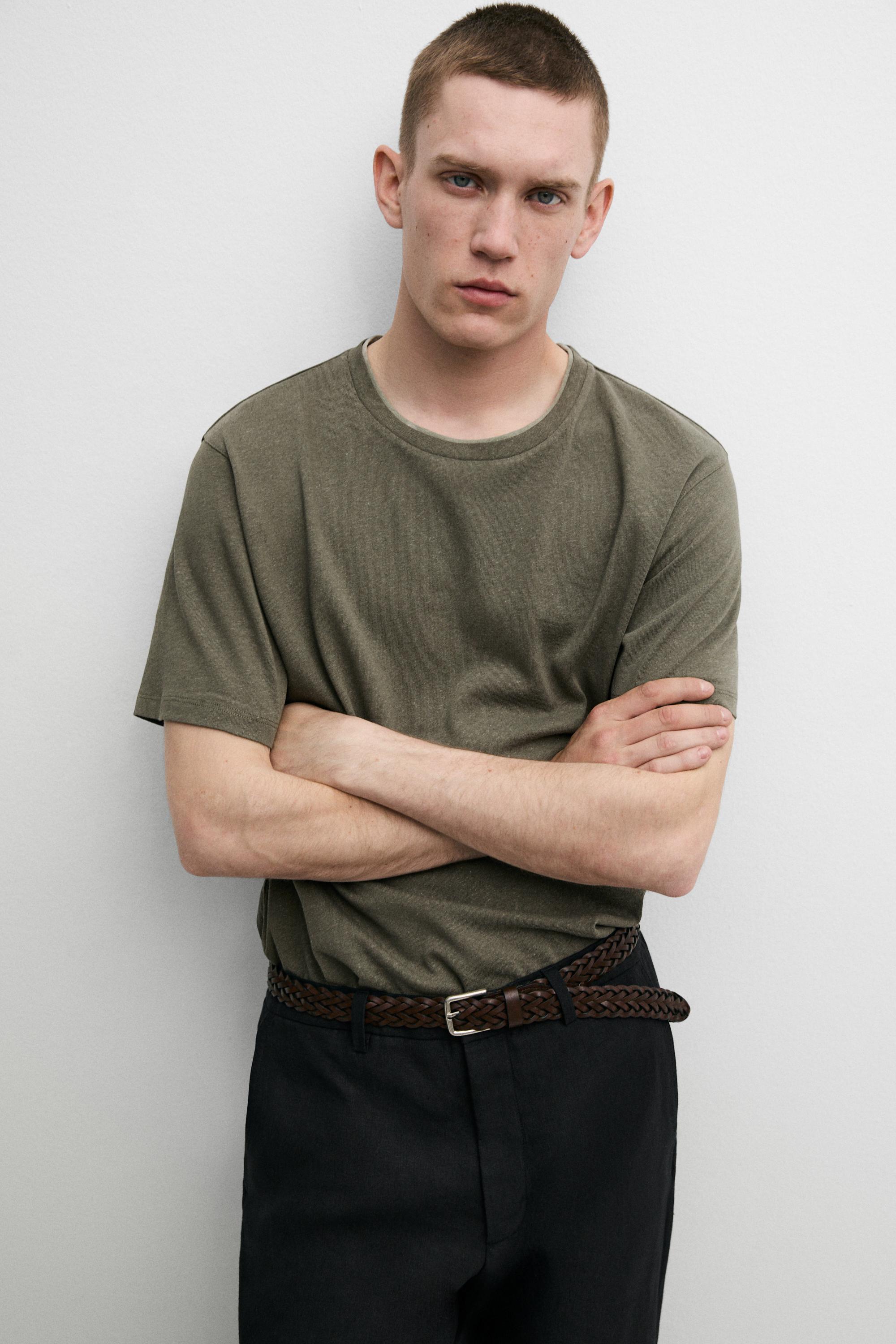 Linen and cotton double-collar T-shirt — KHAKI